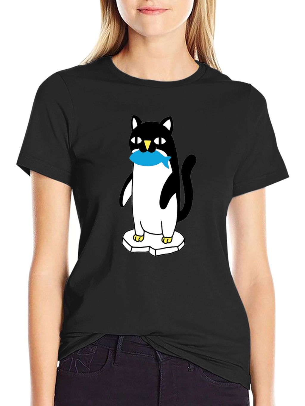 Cat Penguin Fish Black T-Shirt