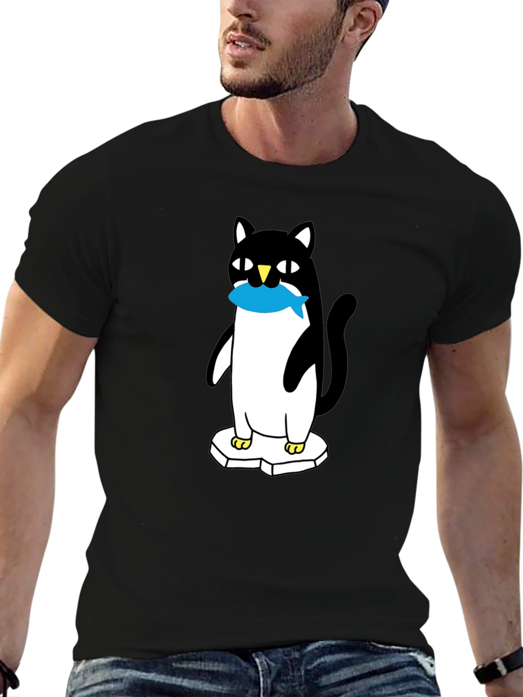 Cat Penguin Fish Black T-Shirt