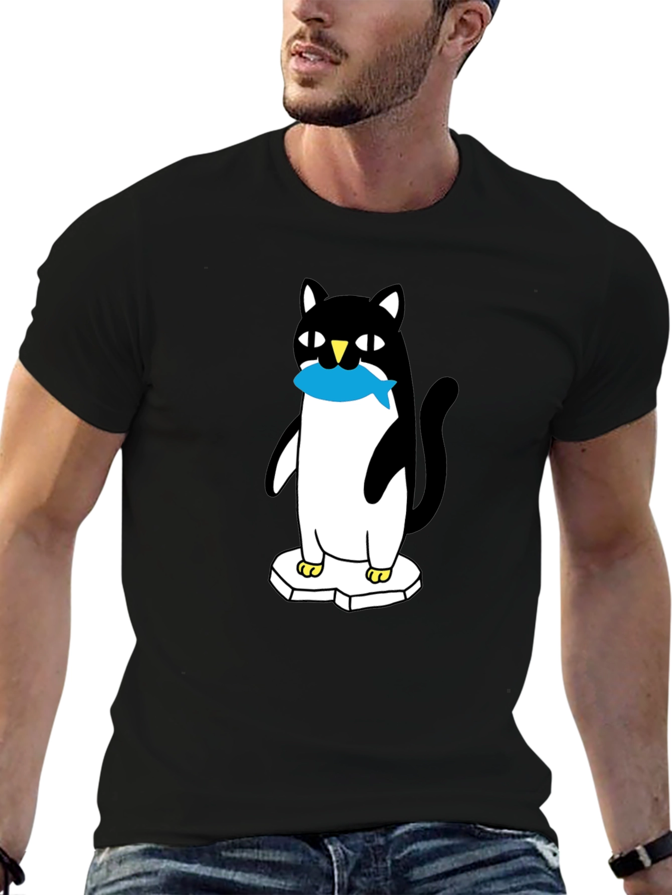 Cat Penguin Fish Black T-Shirt