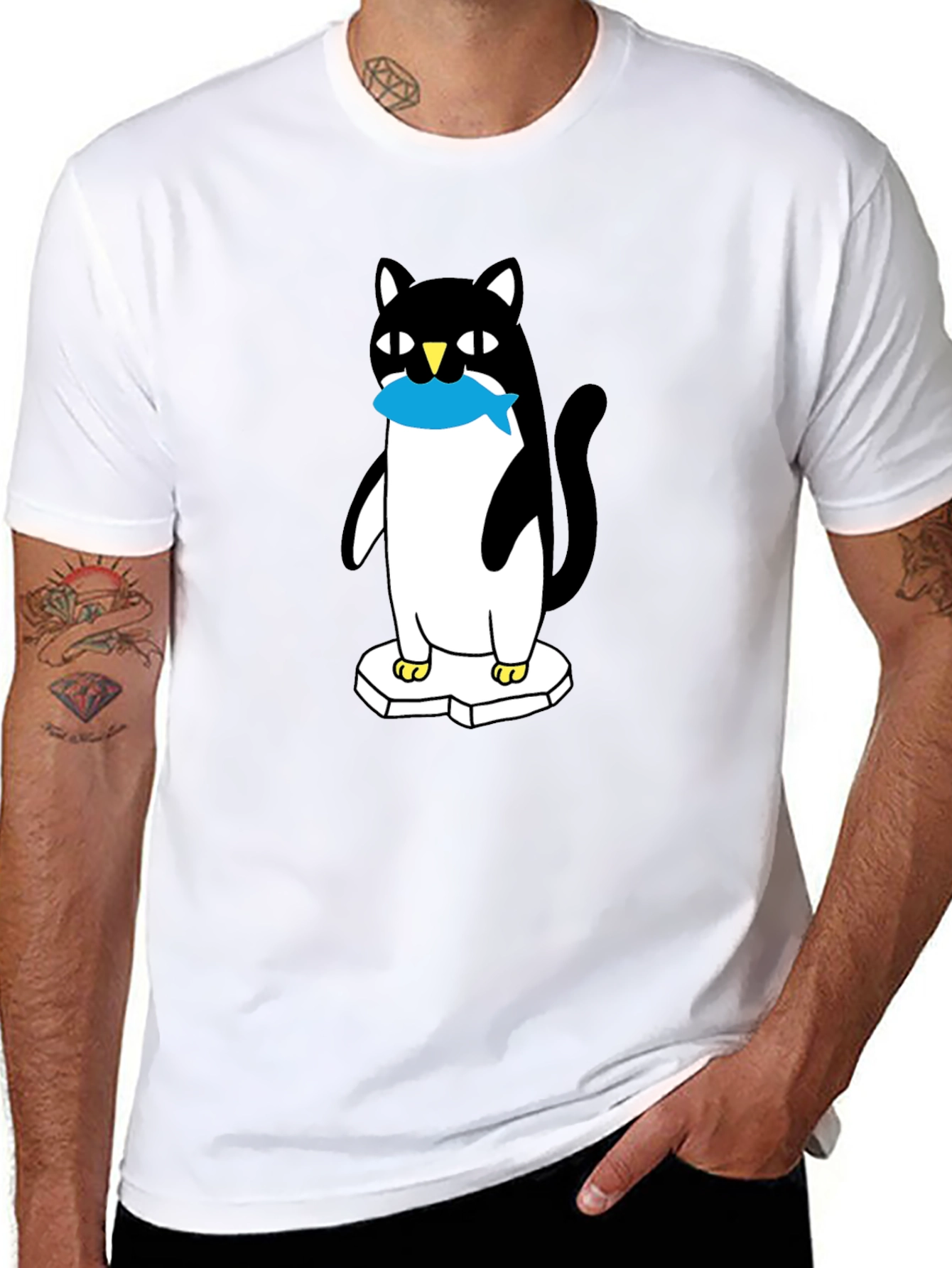 Cat Penguin Fish Black T-Shirt
