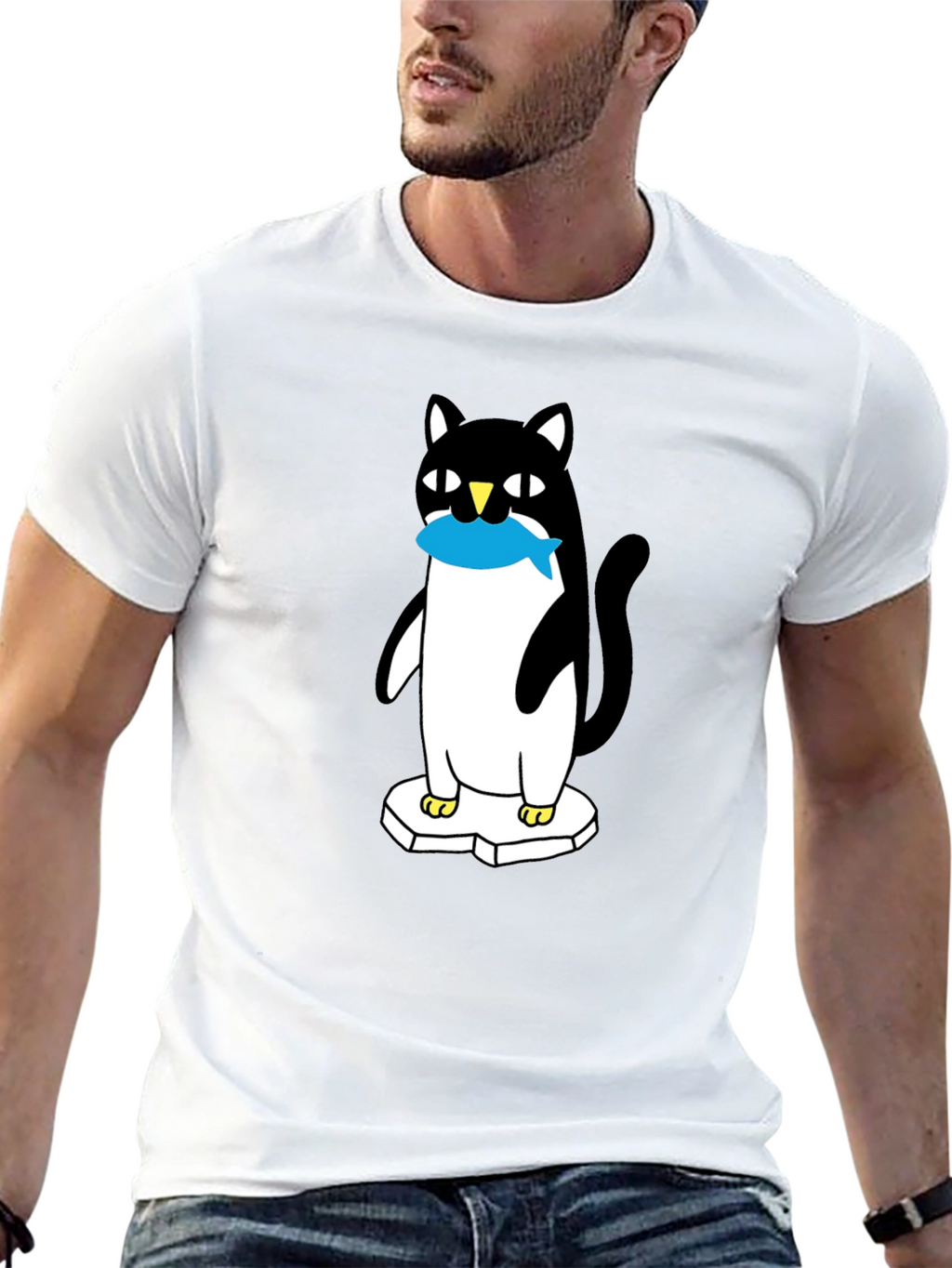 Cat Penguin Fish Black T-Shirt