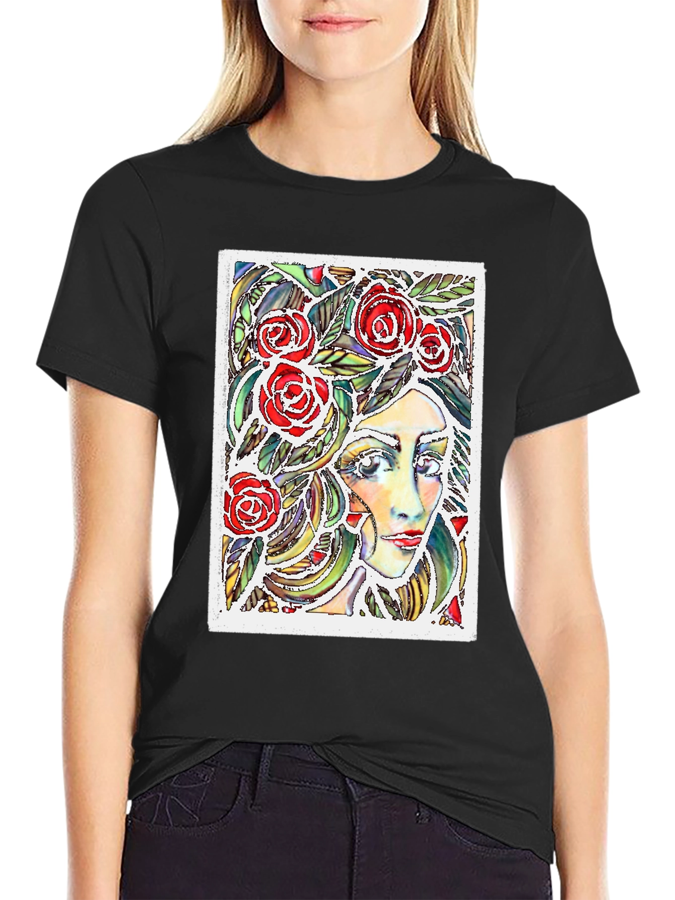 Woman with Roses Graphic T-Shirt