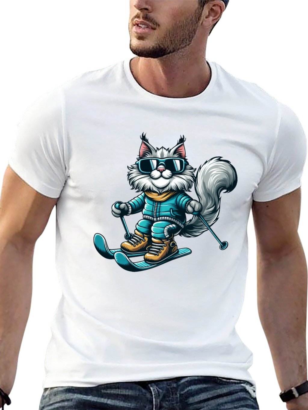 Skiing Cat T-Shirt - Fun Winter Apparel
