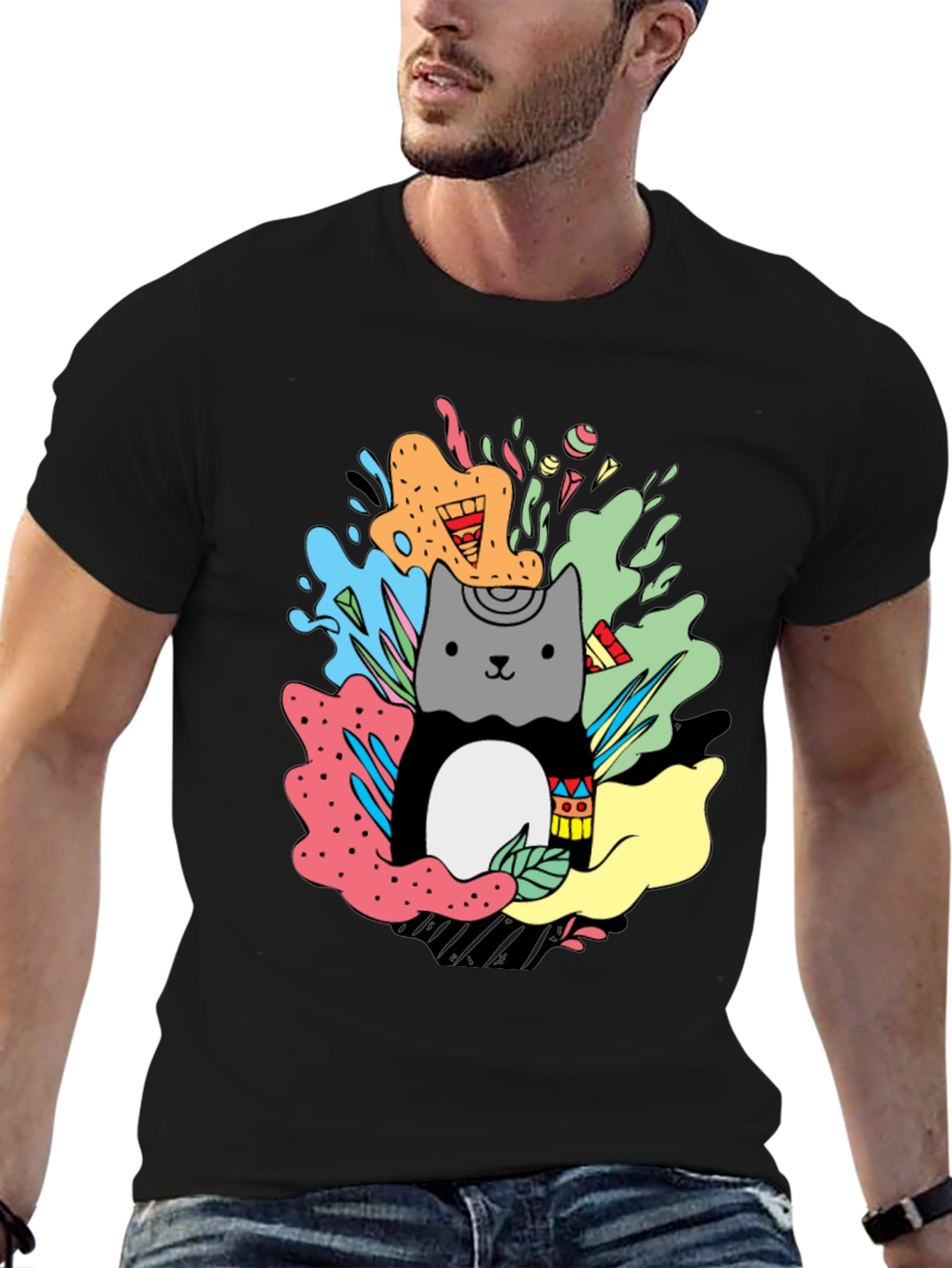 Cute Cat Graphic Print T-Shirt - Stylish Casual Wear