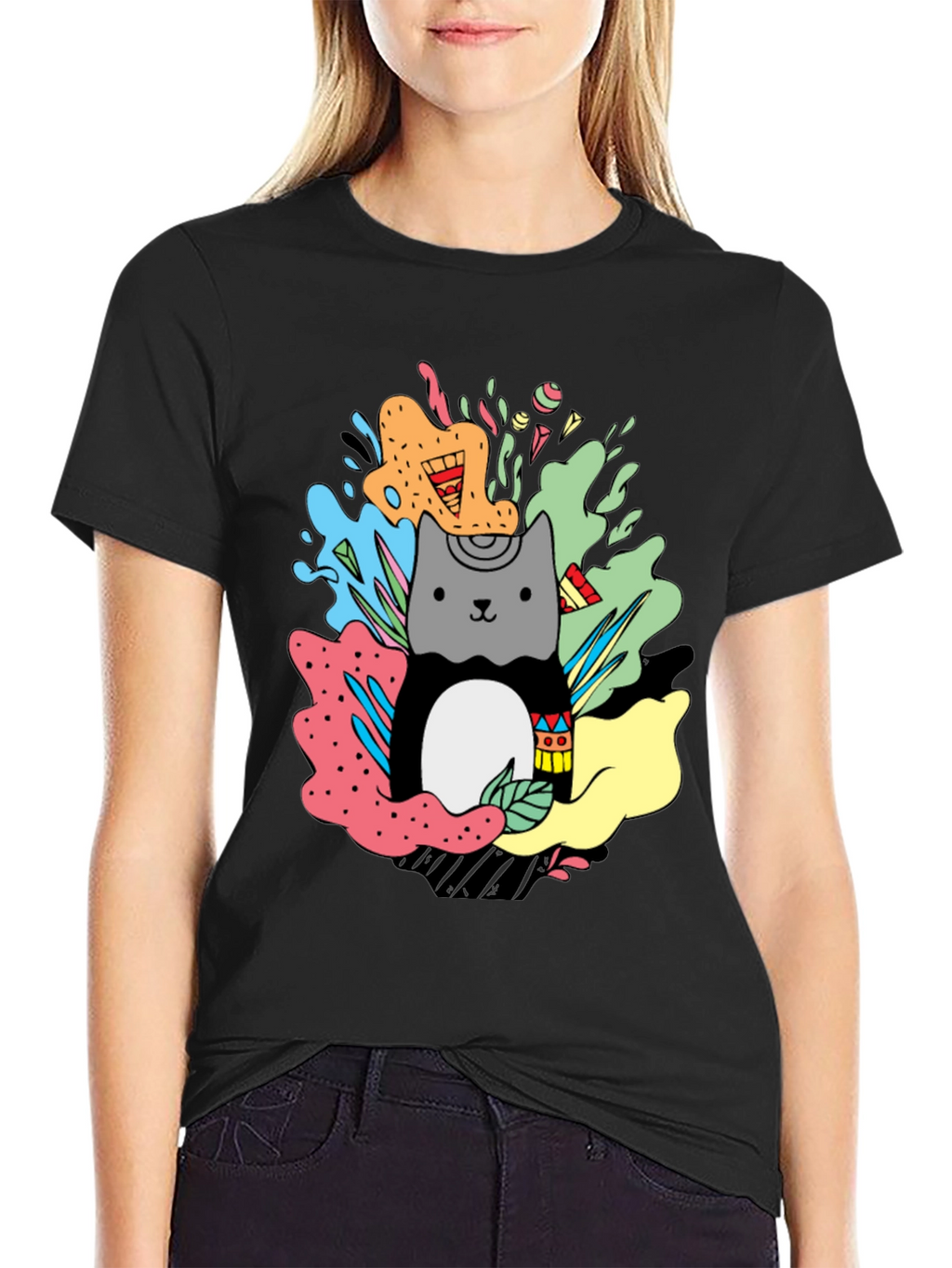 Cute Cat Graphic Print T-Shirt - Stylish Casual Wear