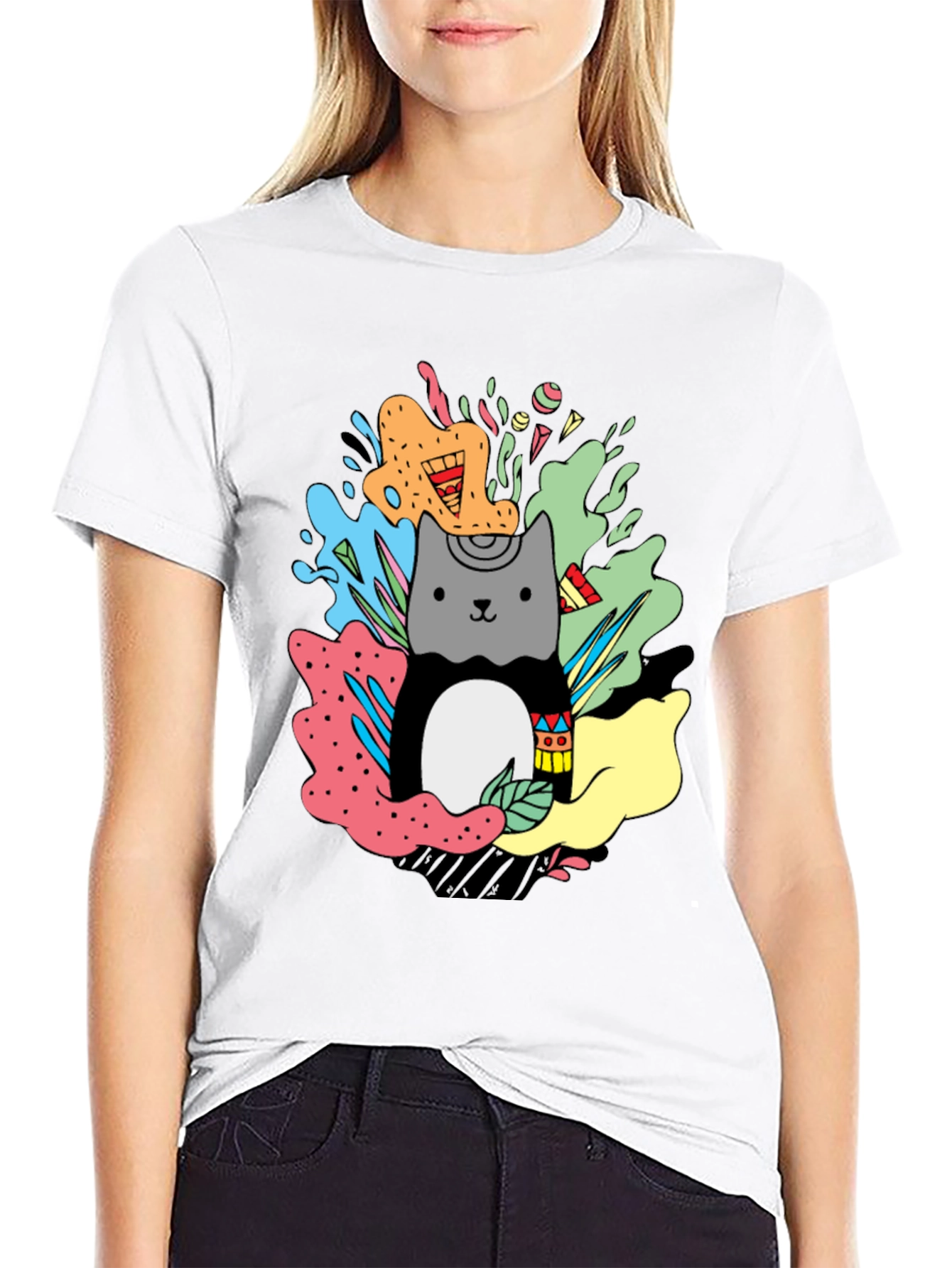 Cute Cat Graphic Print T-Shirt - Stylish Casual Wear