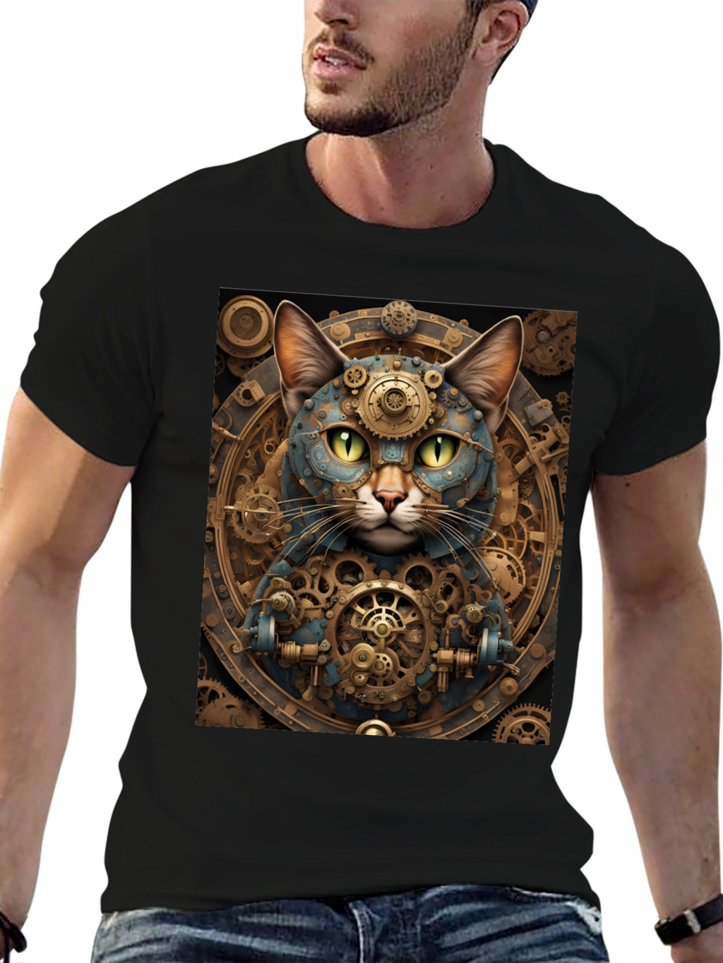 Steampunk Cat Graphic Tee - Cogwork Kitten Design
