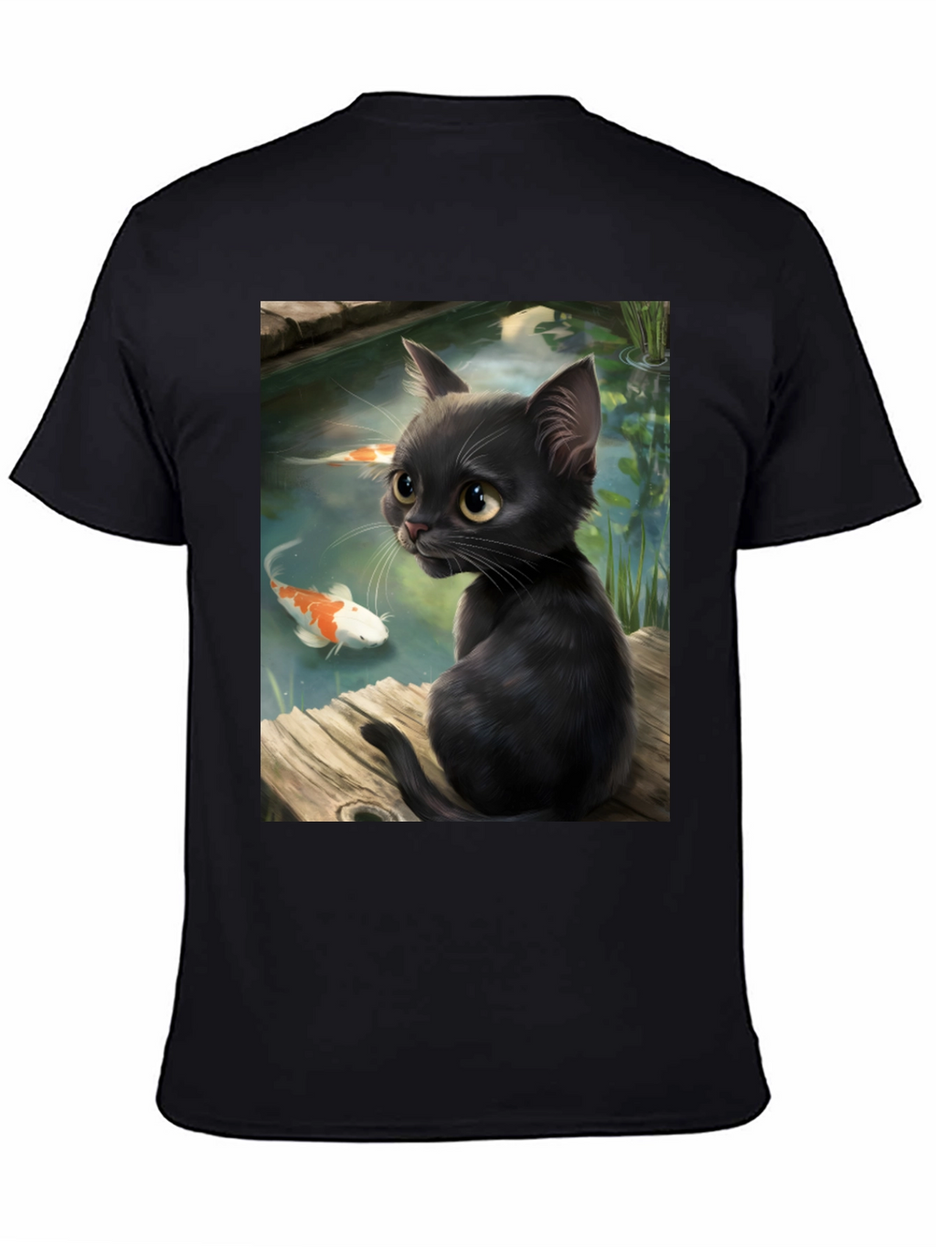 Black Cat & Koi Pond Graphic T-Shirt