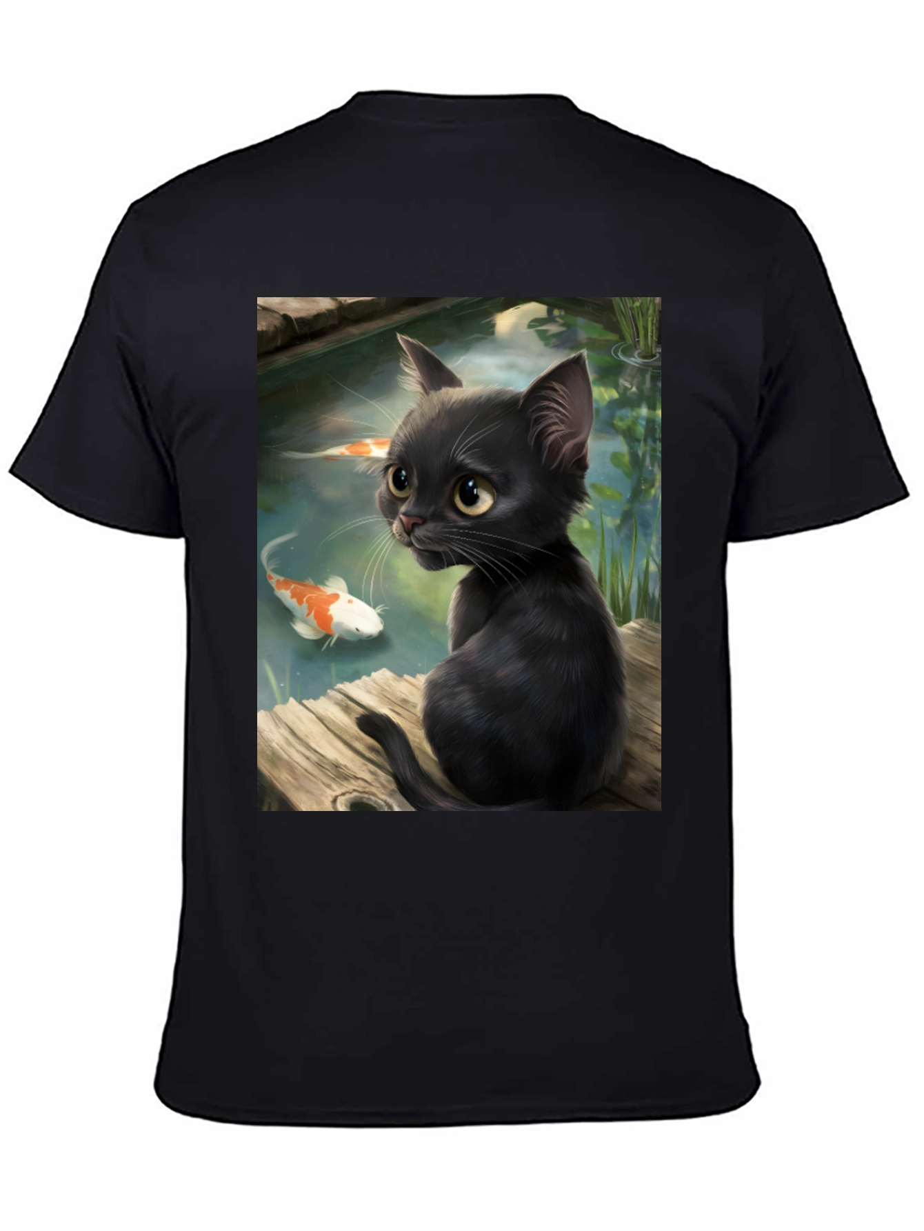 Black Cat & Koi Pond Graphic T-Shirt