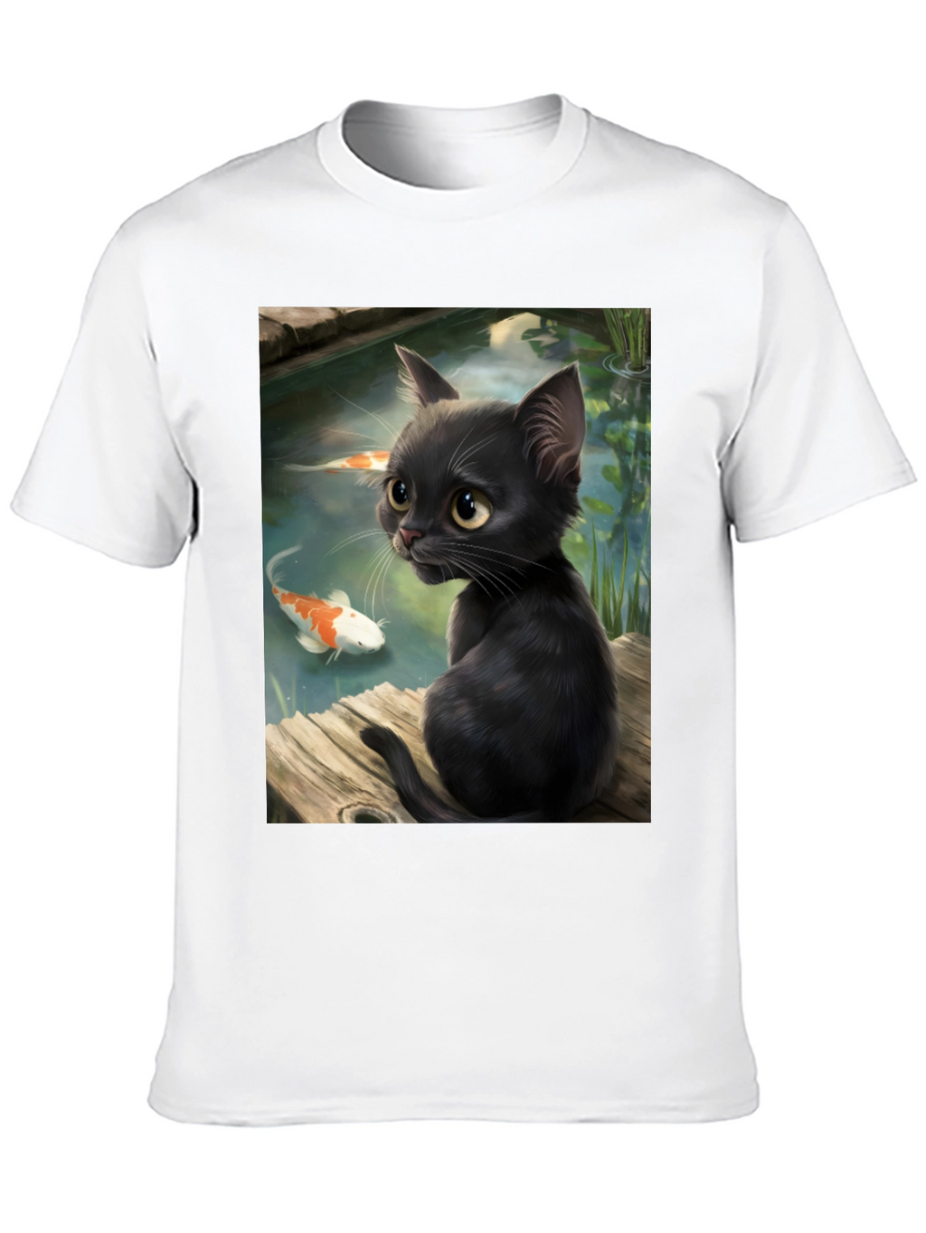 Black Cat & Koi Pond Graphic T-Shirt