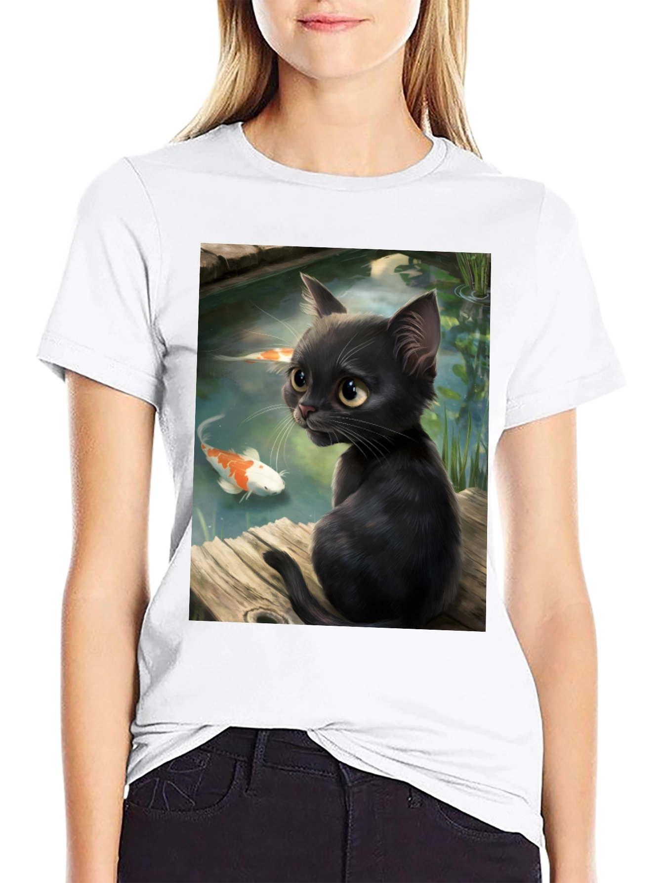 Black Cat & Koi Pond Graphic T-Shirt