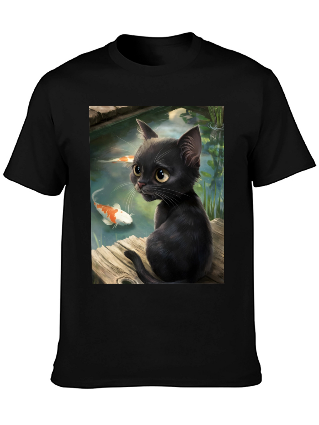 Black Cat & Koi Pond Graphic T-Shirt