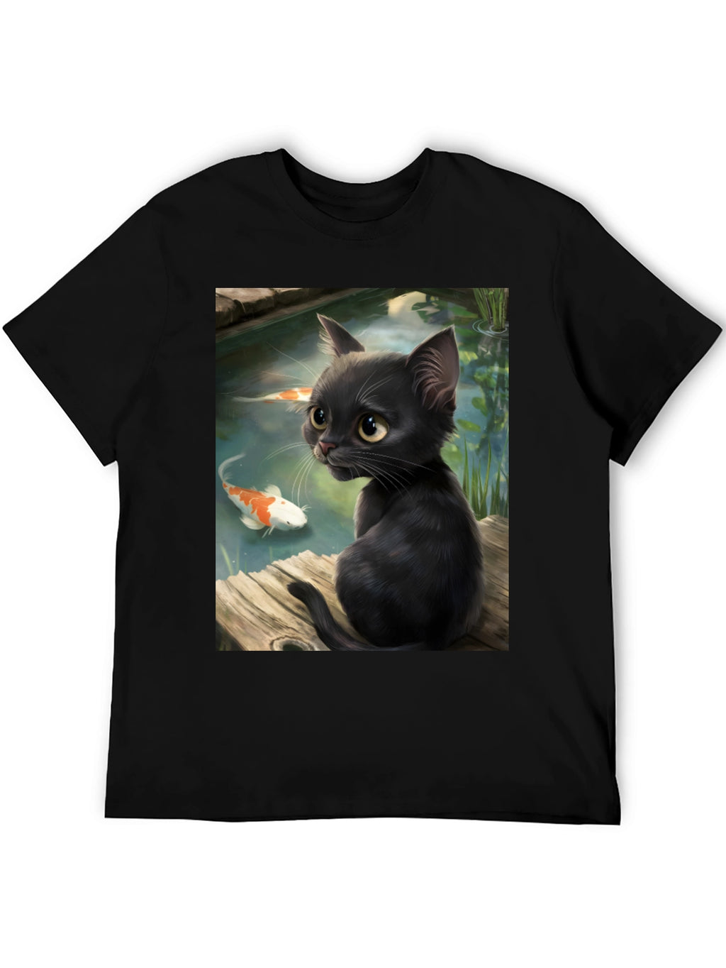 Black Cat & Koi Pond Graphic T-Shirt