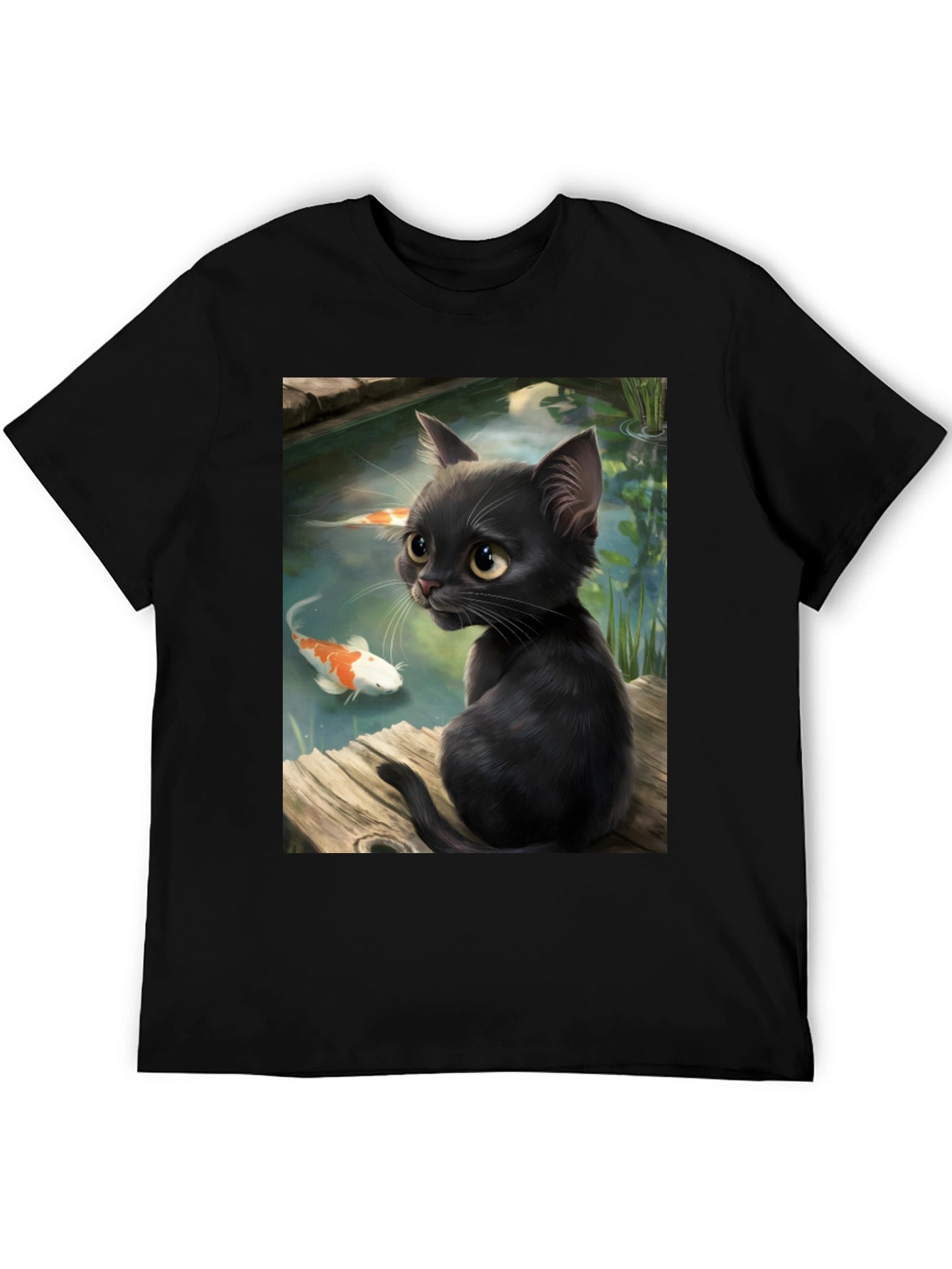 Black Cat & Koi Pond Graphic T-Shirt