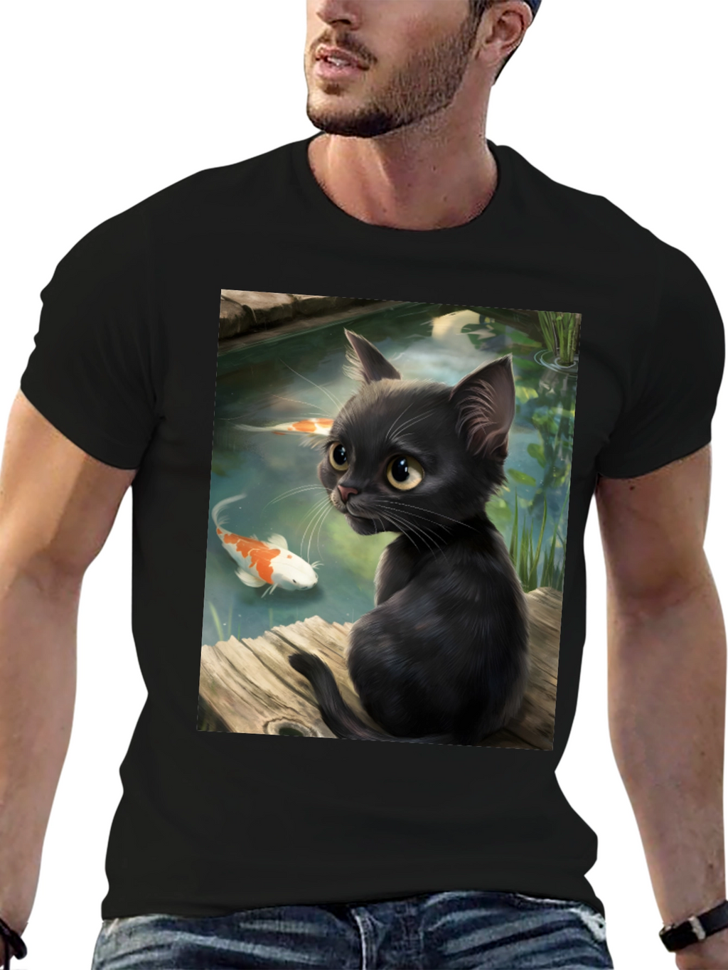 Black Cat & Koi Pond Graphic T-Shirt
