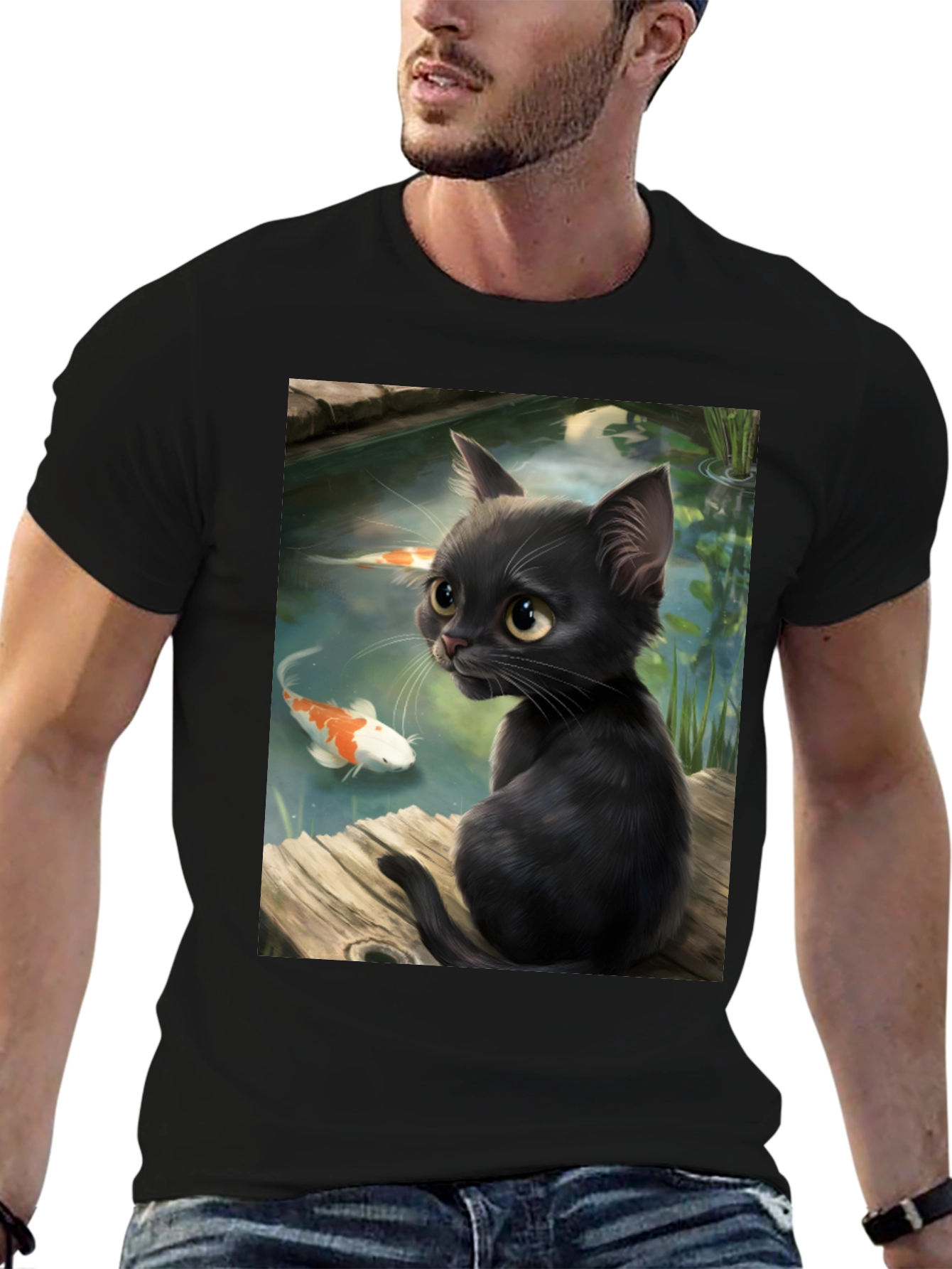 Black Cat & Koi Pond Graphic T-Shirt