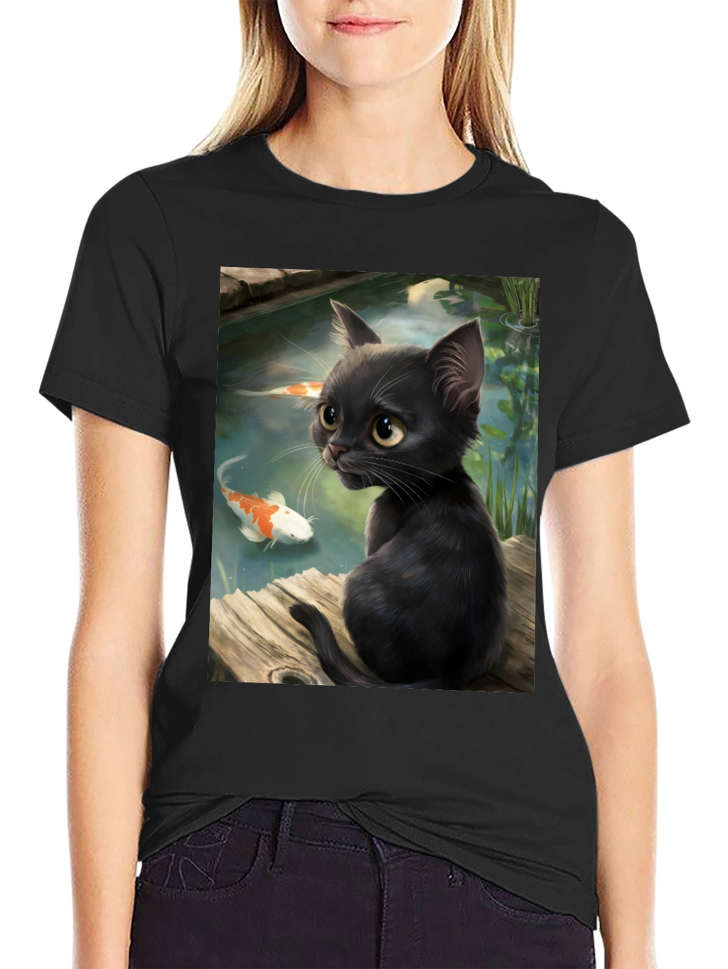 Black Cat & Koi Pond Graphic T-Shirt