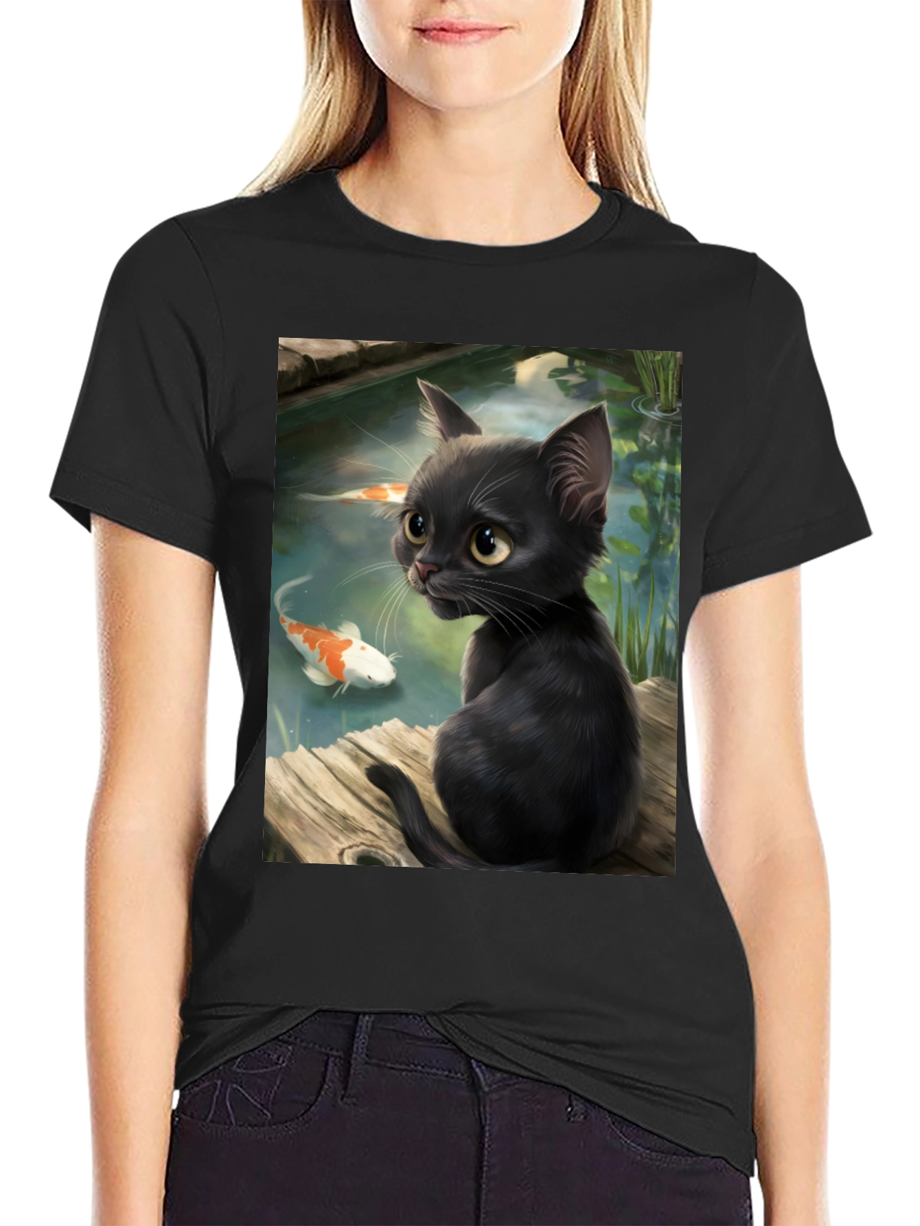 Black Cat & Koi Pond Graphic T-Shirt