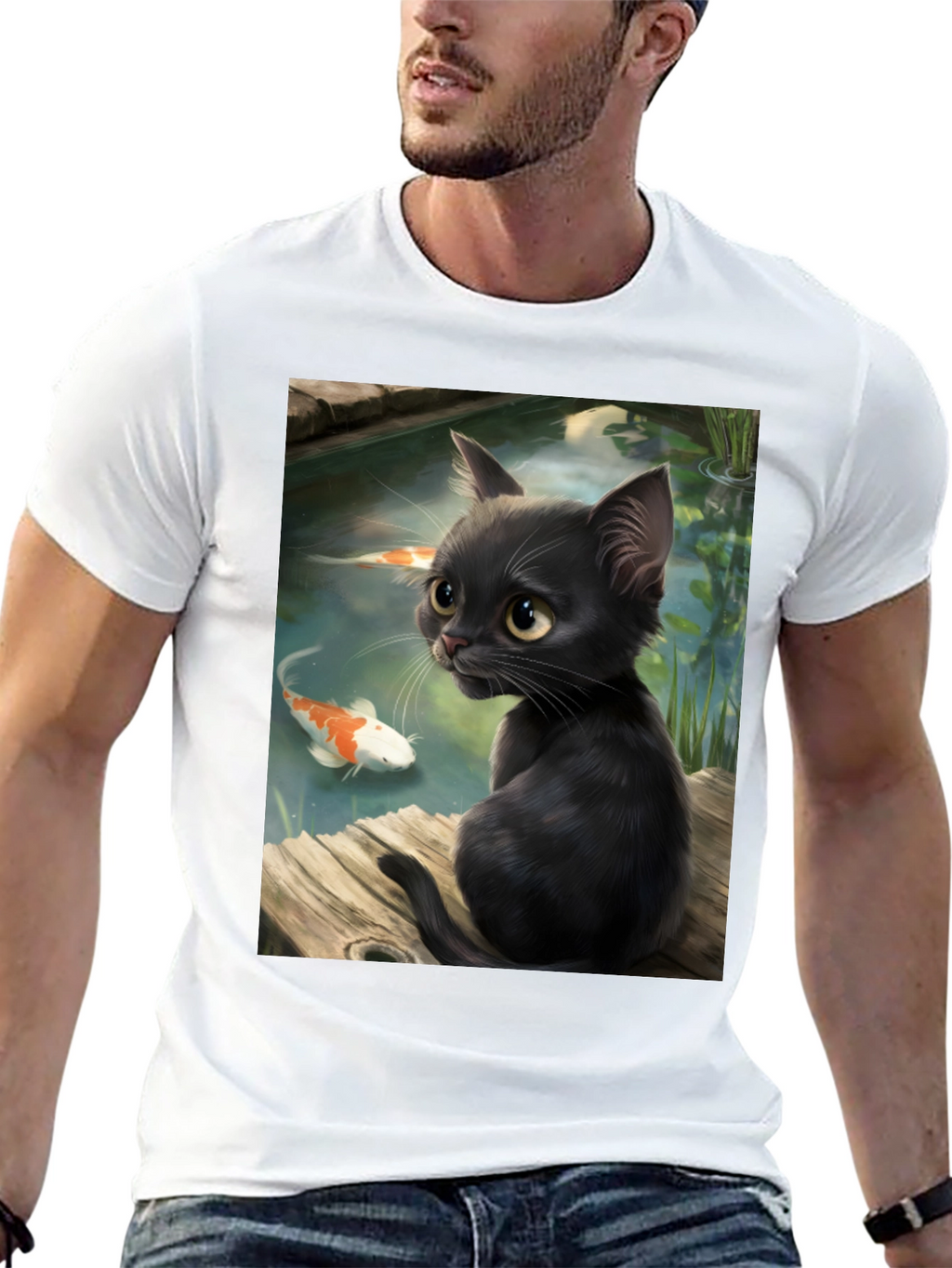 Black Cat & Koi Pond Graphic T-Shirt