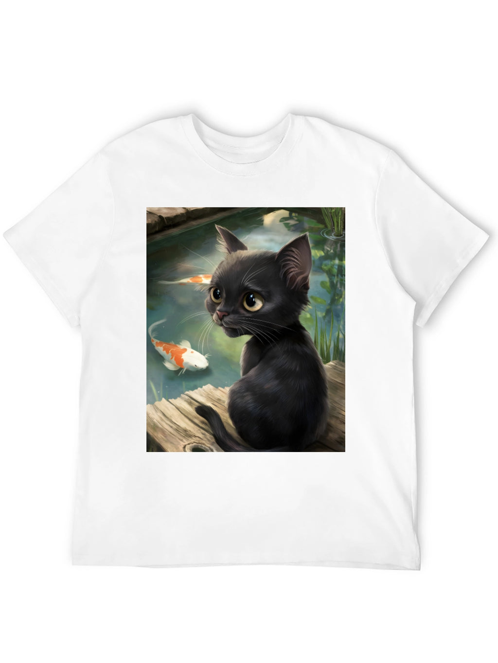 Black Cat & Koi Pond Graphic T-Shirt