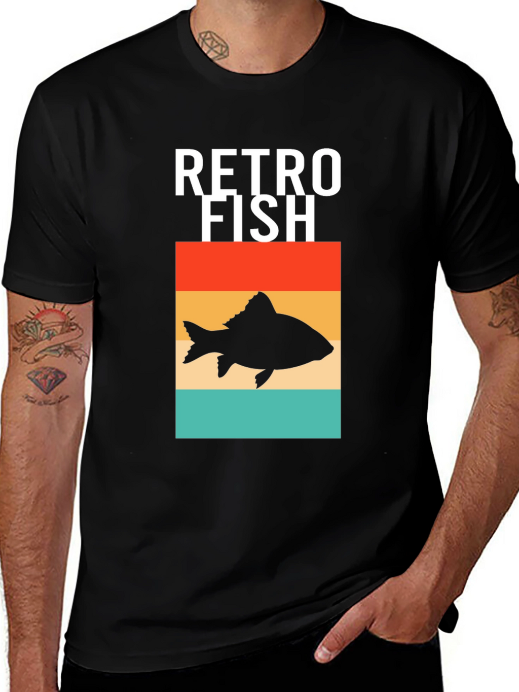 Retro Fish Graphic Tee - Stylish Mens Black T-Shirt