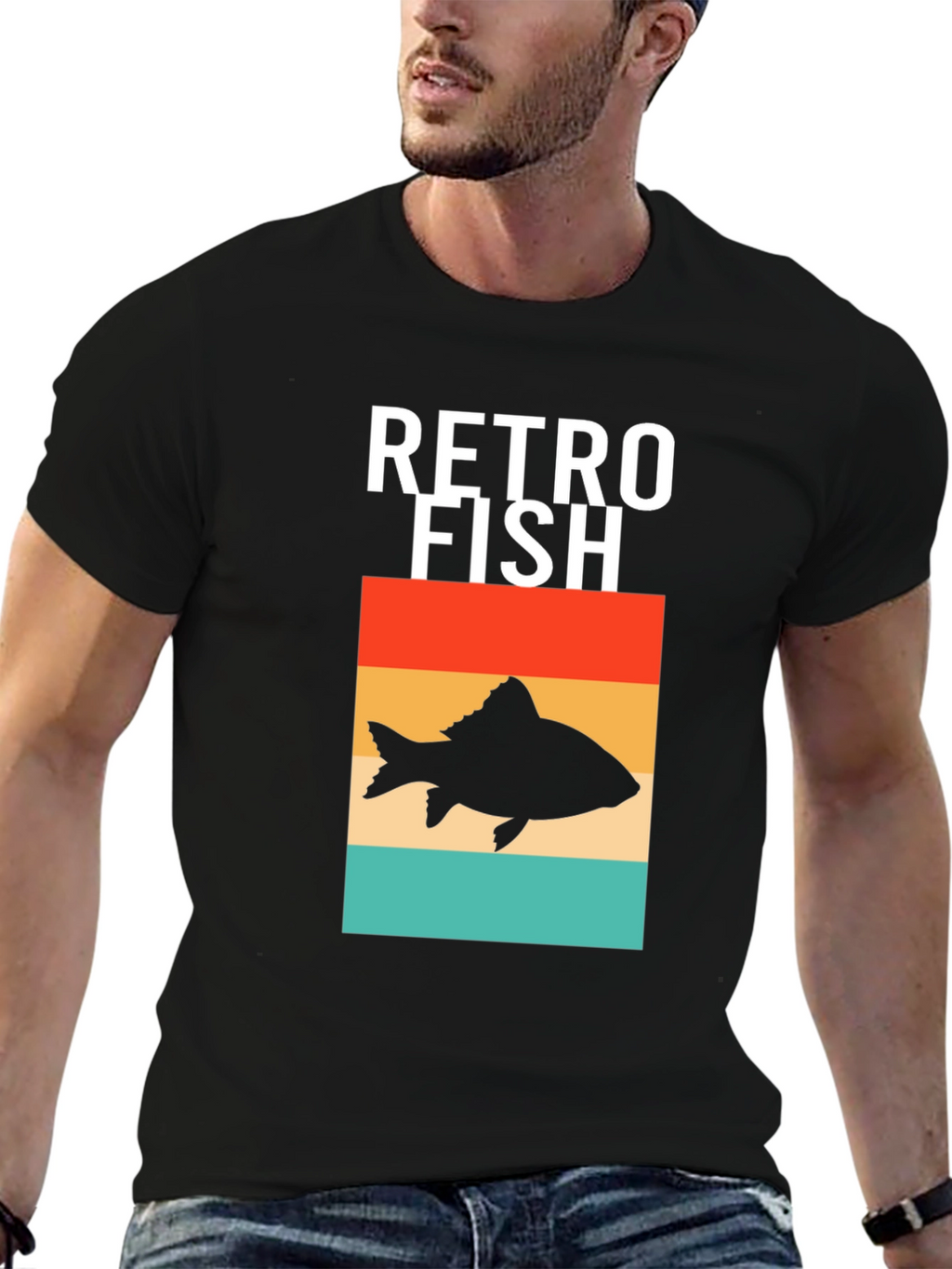 Retro Fish Graphic Tee - Stylish Mens Black T-Shirt