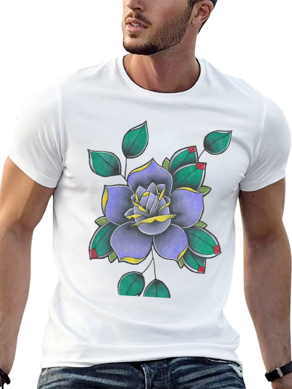 Floral Tattoo Art Print Black T-Shirt