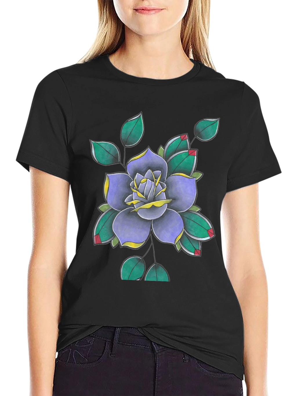 Floral Tattoo Art Print Black T-Shirt