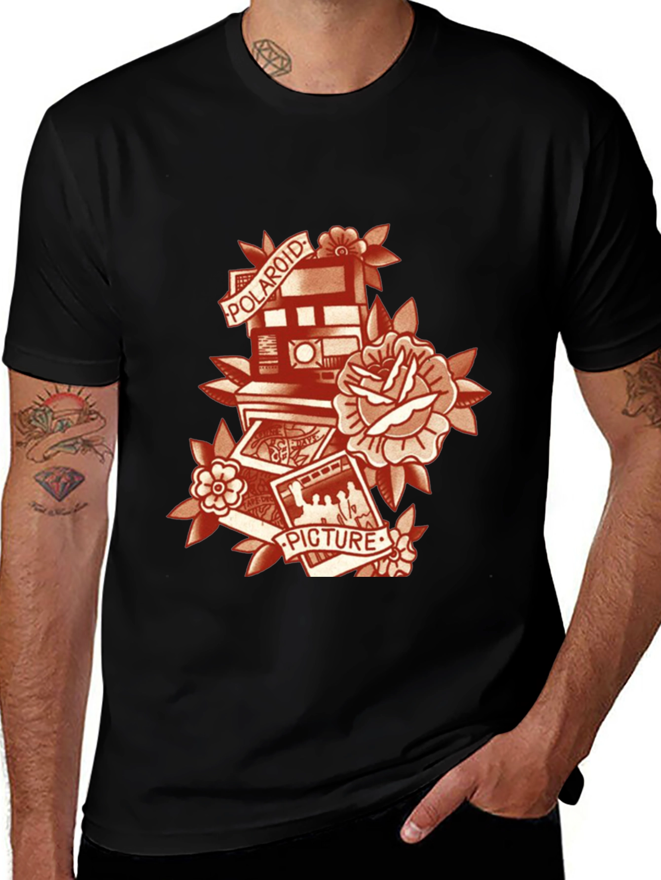 Retro Polaroid Camera & Rose Graphic T-Shirt