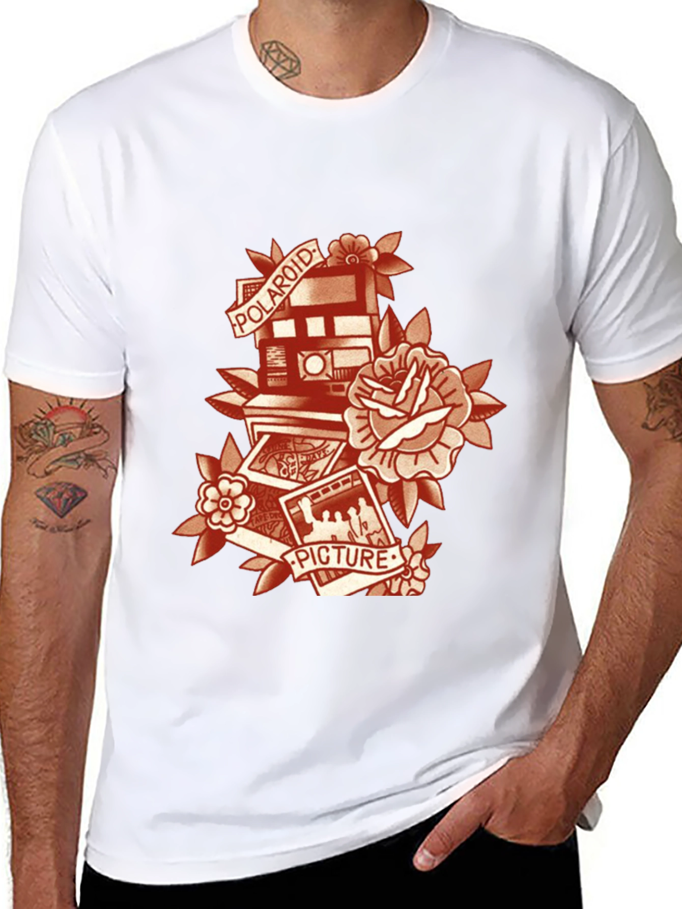 Retro Polaroid Camera & Rose Graphic T-Shirt