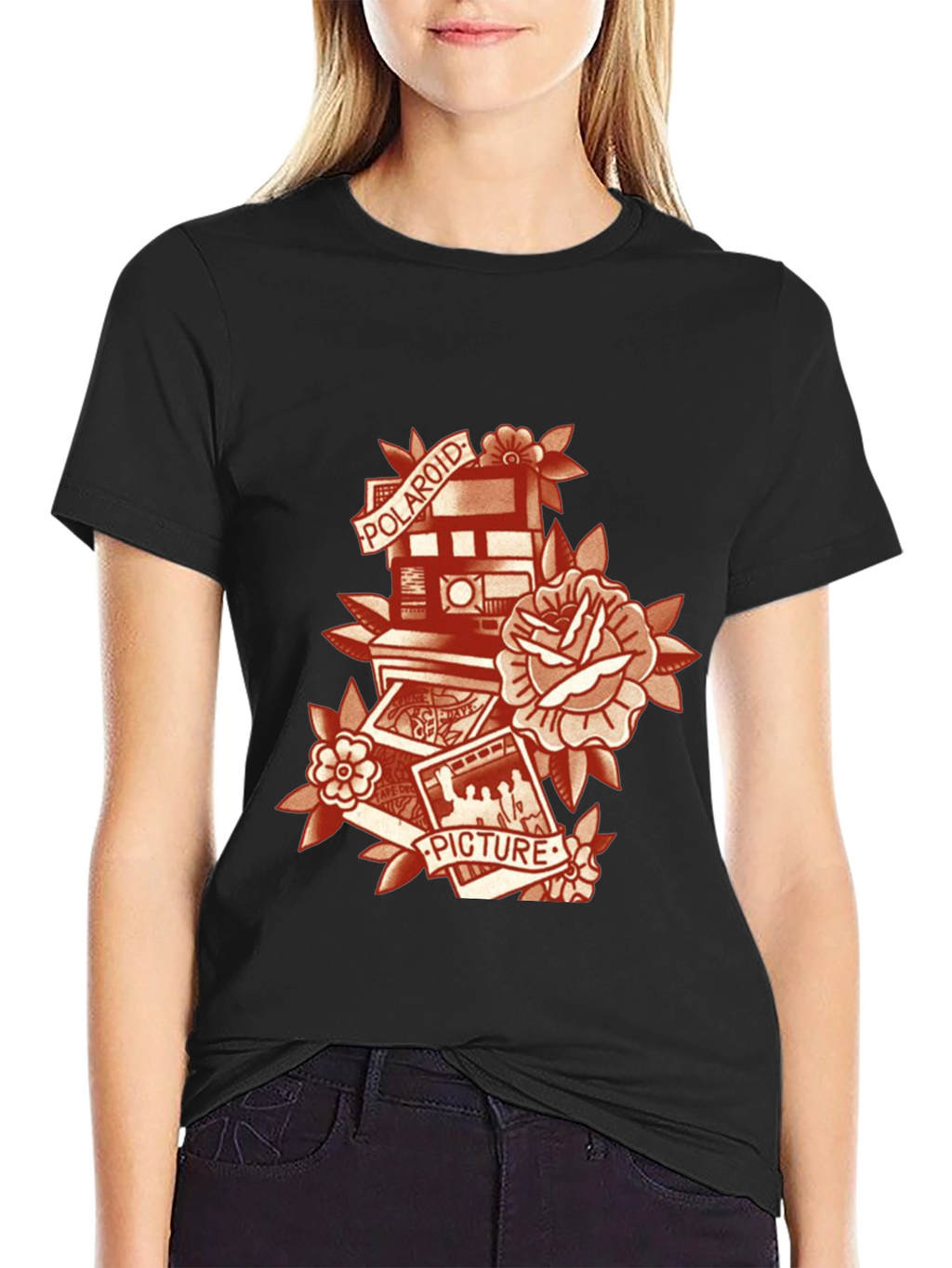 Retro Polaroid Camera & Rose Graphic T-Shirt
