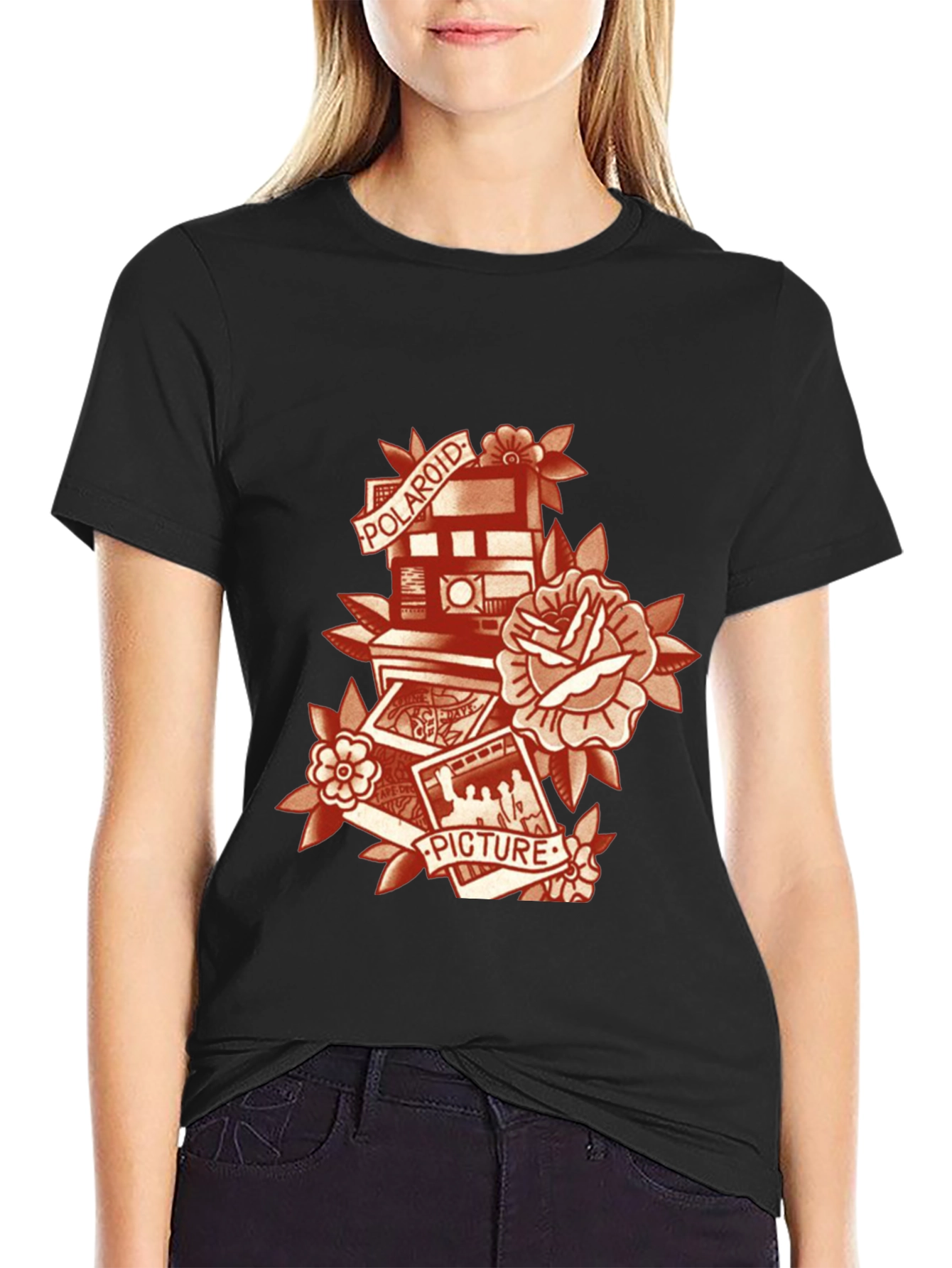 Retro Polaroid Camera & Rose Graphic T-Shirt