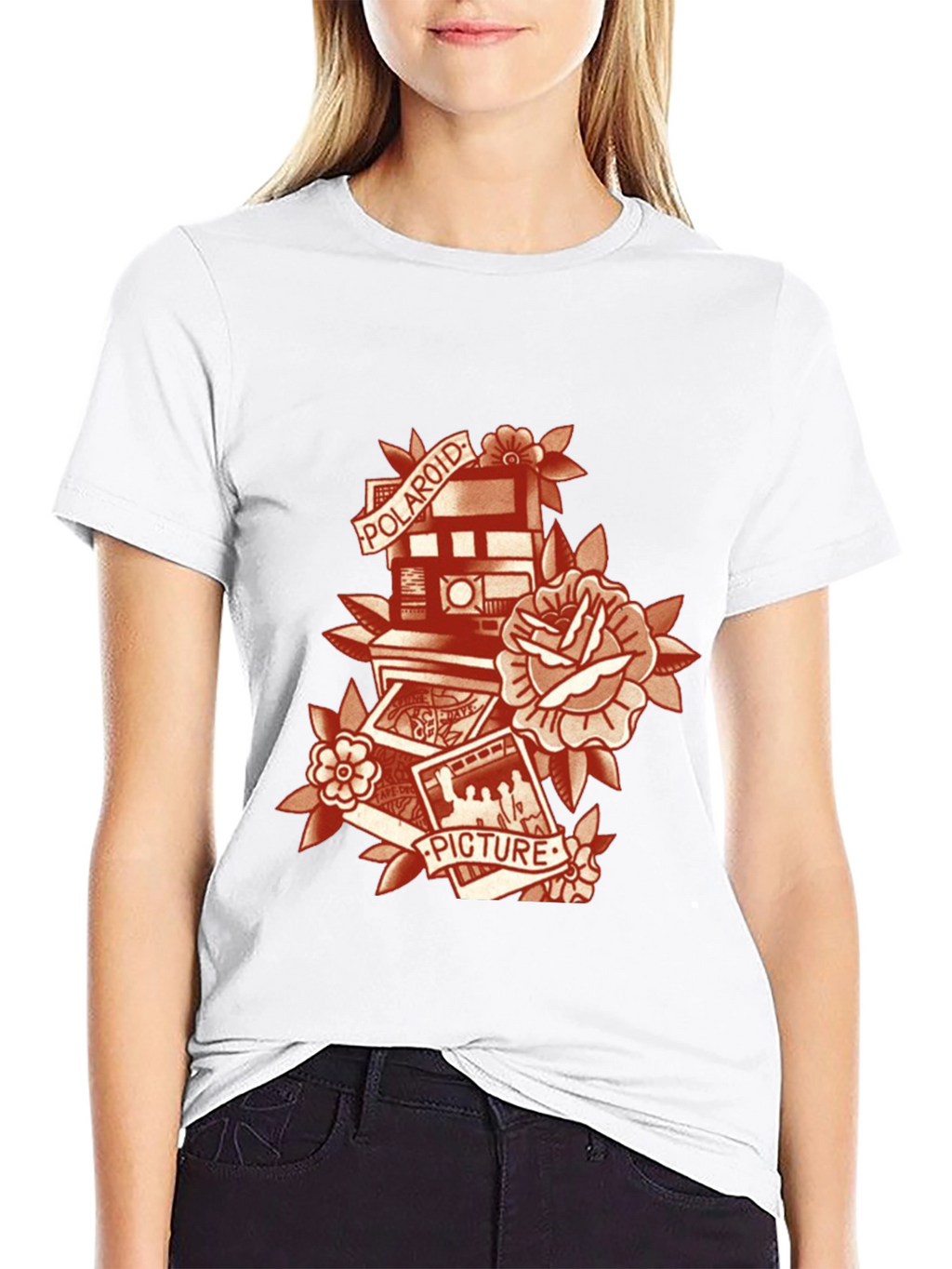 Retro Polaroid Camera & Rose Graphic T-Shirt