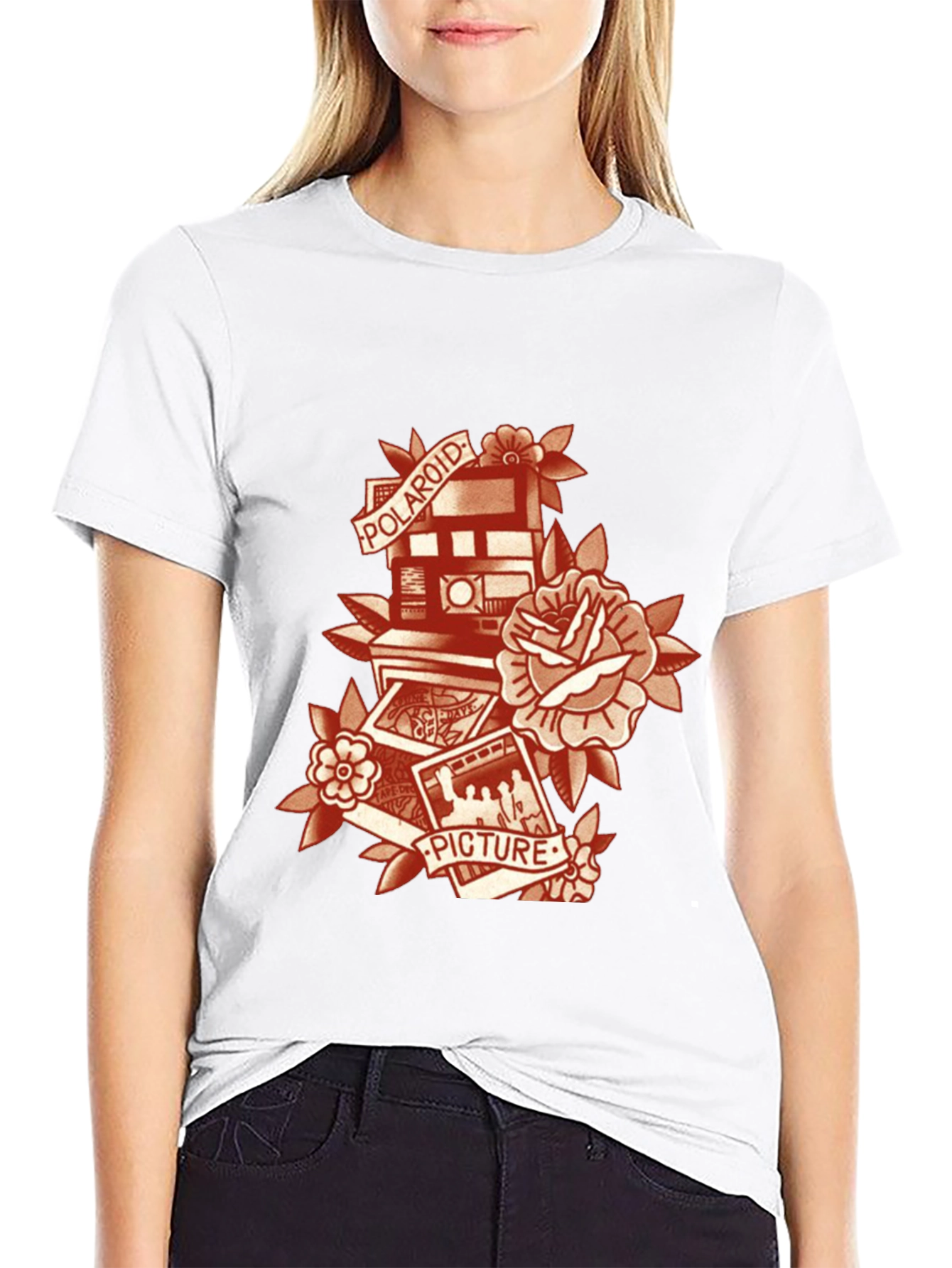 Retro Polaroid Camera & Rose Graphic T-Shirt