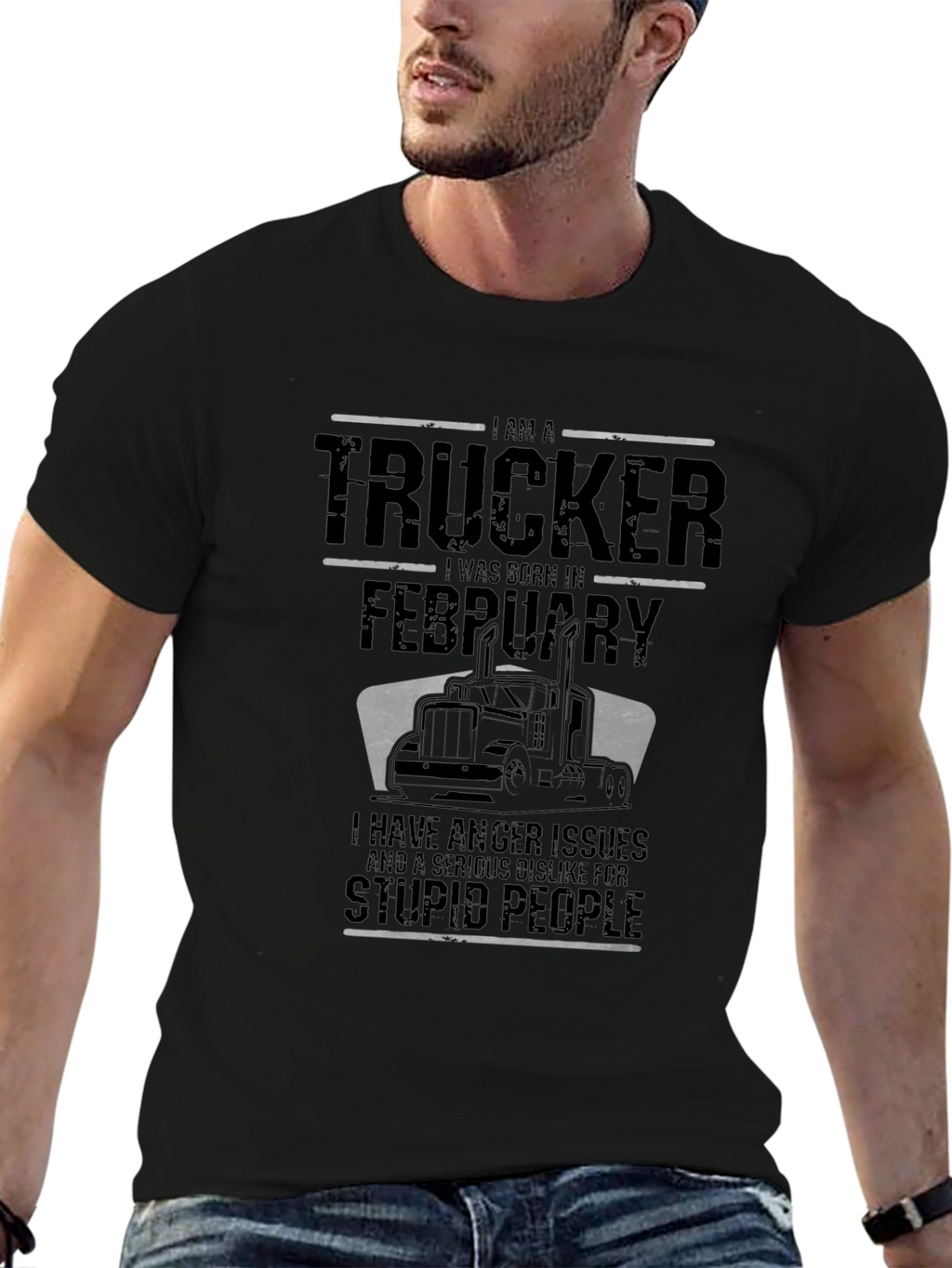 Trucker February Birthday Black T-Shirt