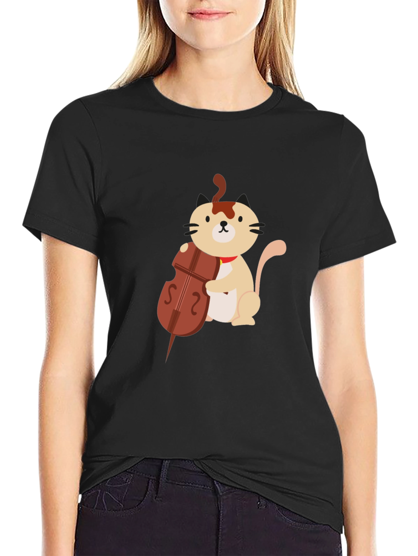 Cat Playing Cello Graphic Tee - Black Unisex T-Shirt
