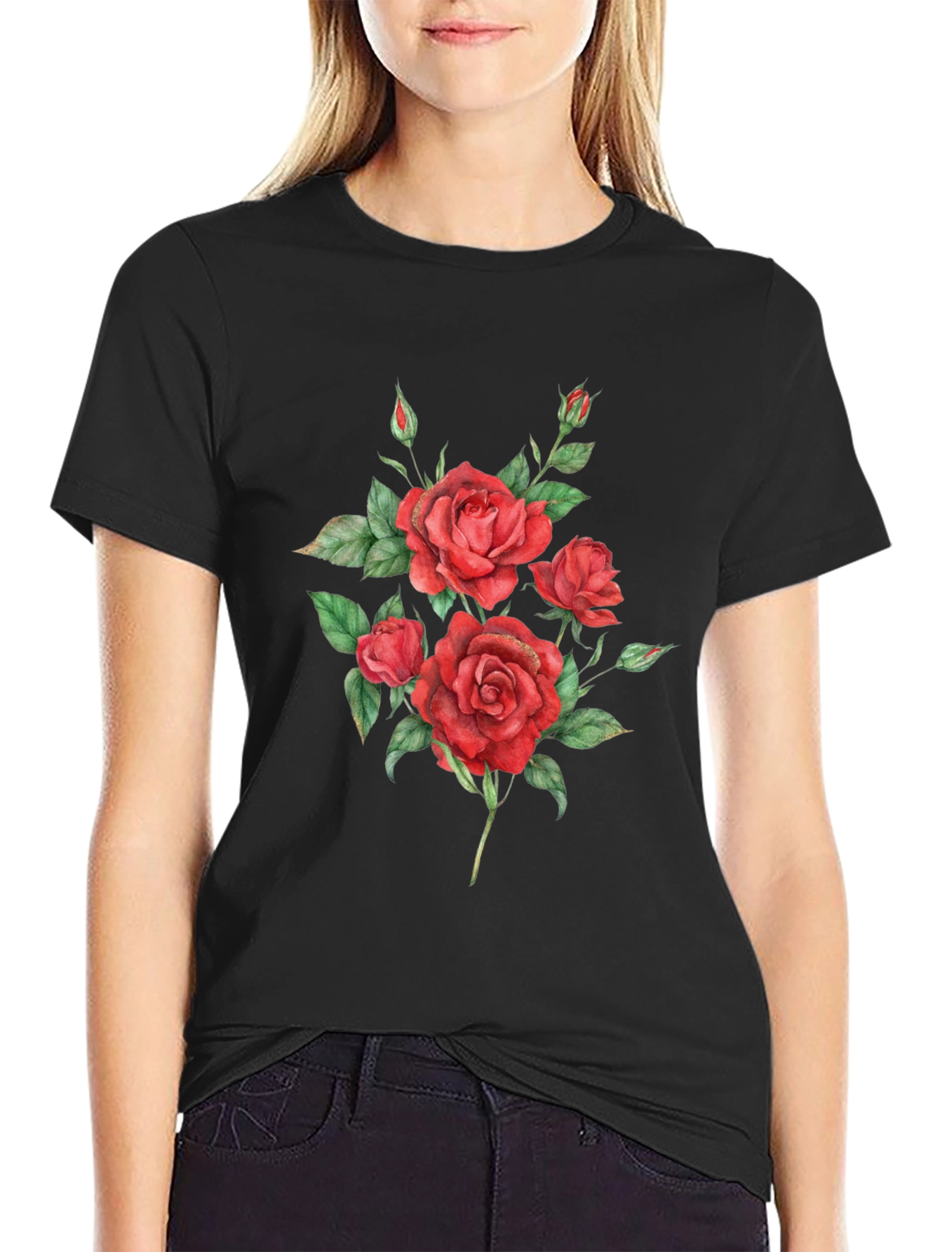 Red Roses Graphic Print Black T-Shirt