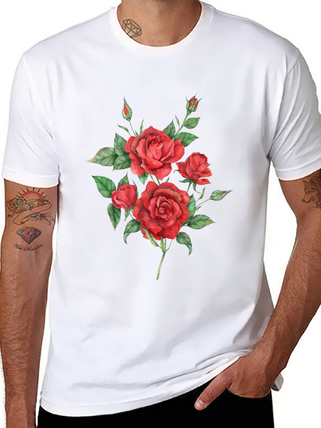 Red Roses Graphic Print Black T-Shirt