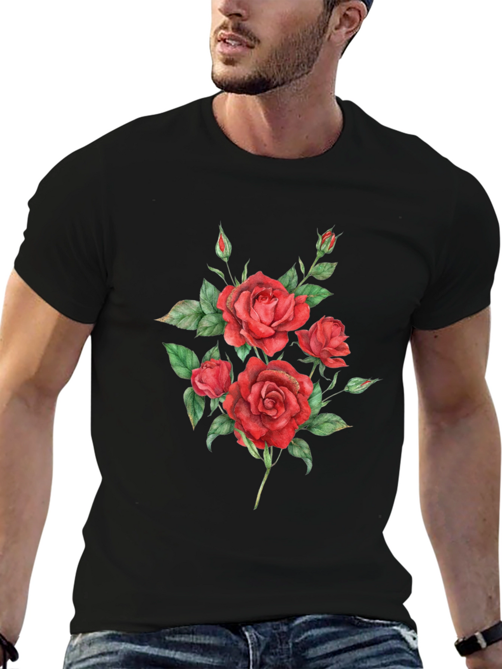 Red Roses Graphic Print Black T-Shirt