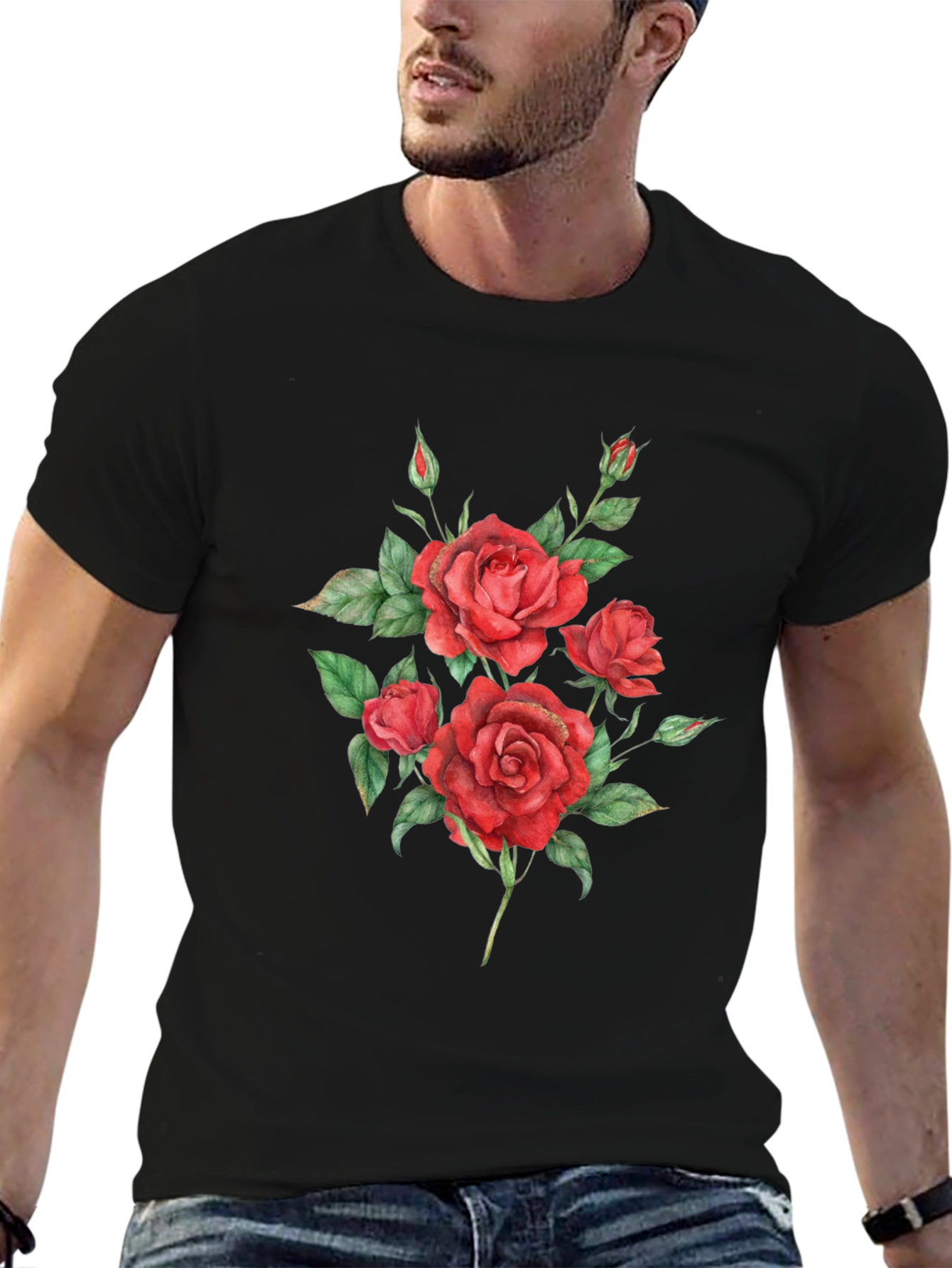 Red Roses Graphic Print Black T-Shirt