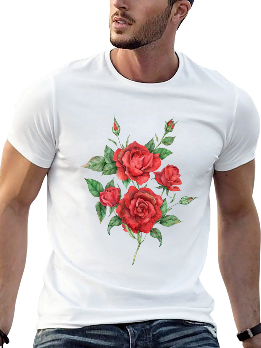 Red Roses Graphic Print Black T-Shirt