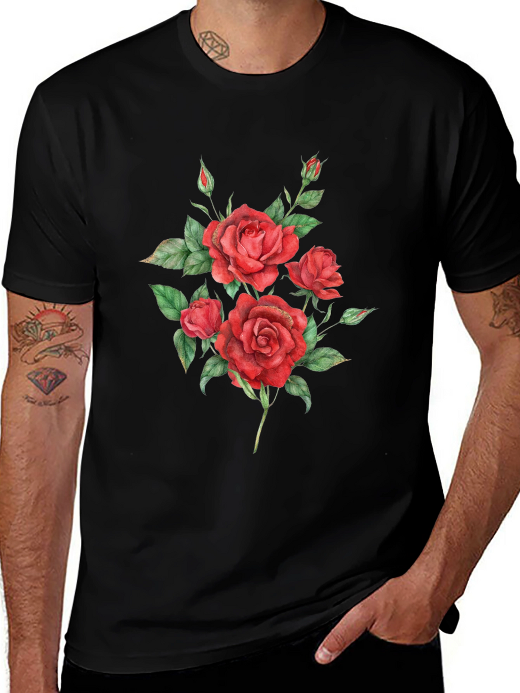 Red Roses Graphic Print Black T-Shirt