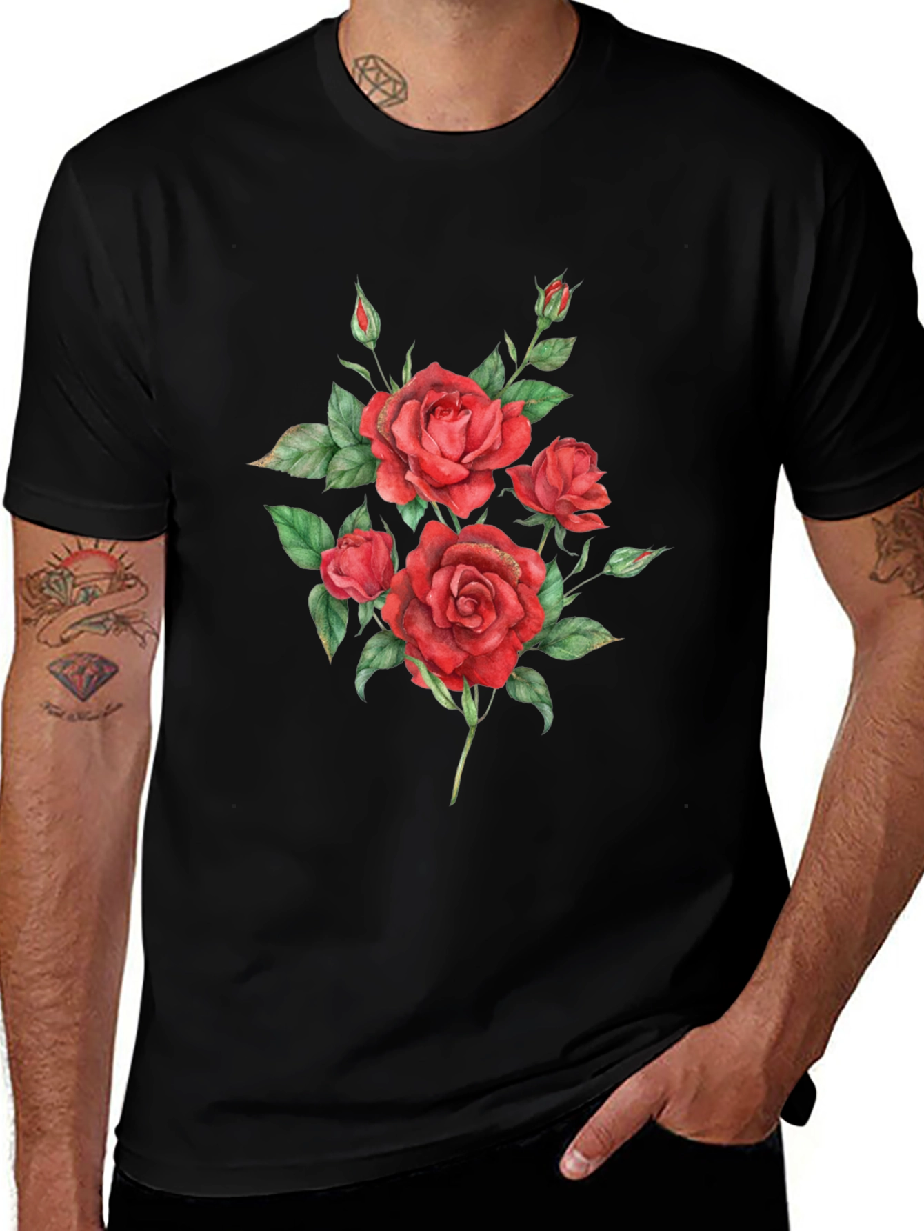 Red Roses Graphic Print Black T-Shirt