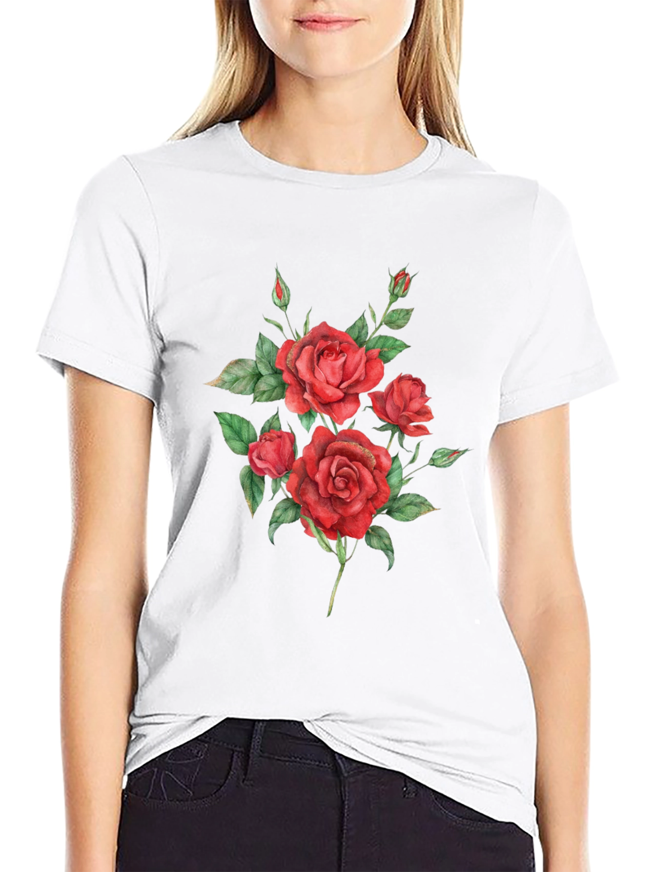 Red Roses Graphic Print Black T-Shirt