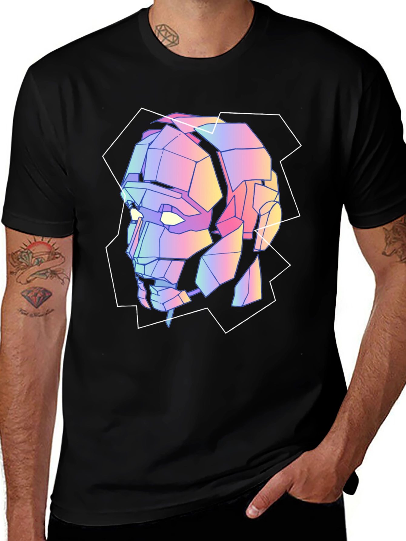 Geometric Robot Head Graphic Tee - Black