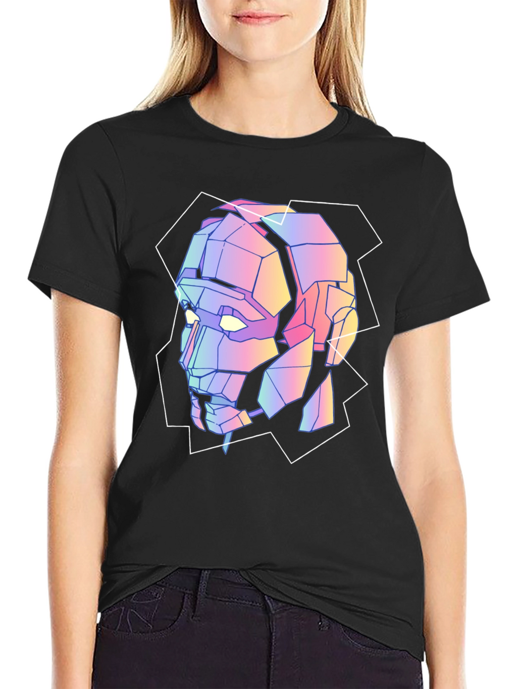 Geometric Robot Head Graphic Tee - Black