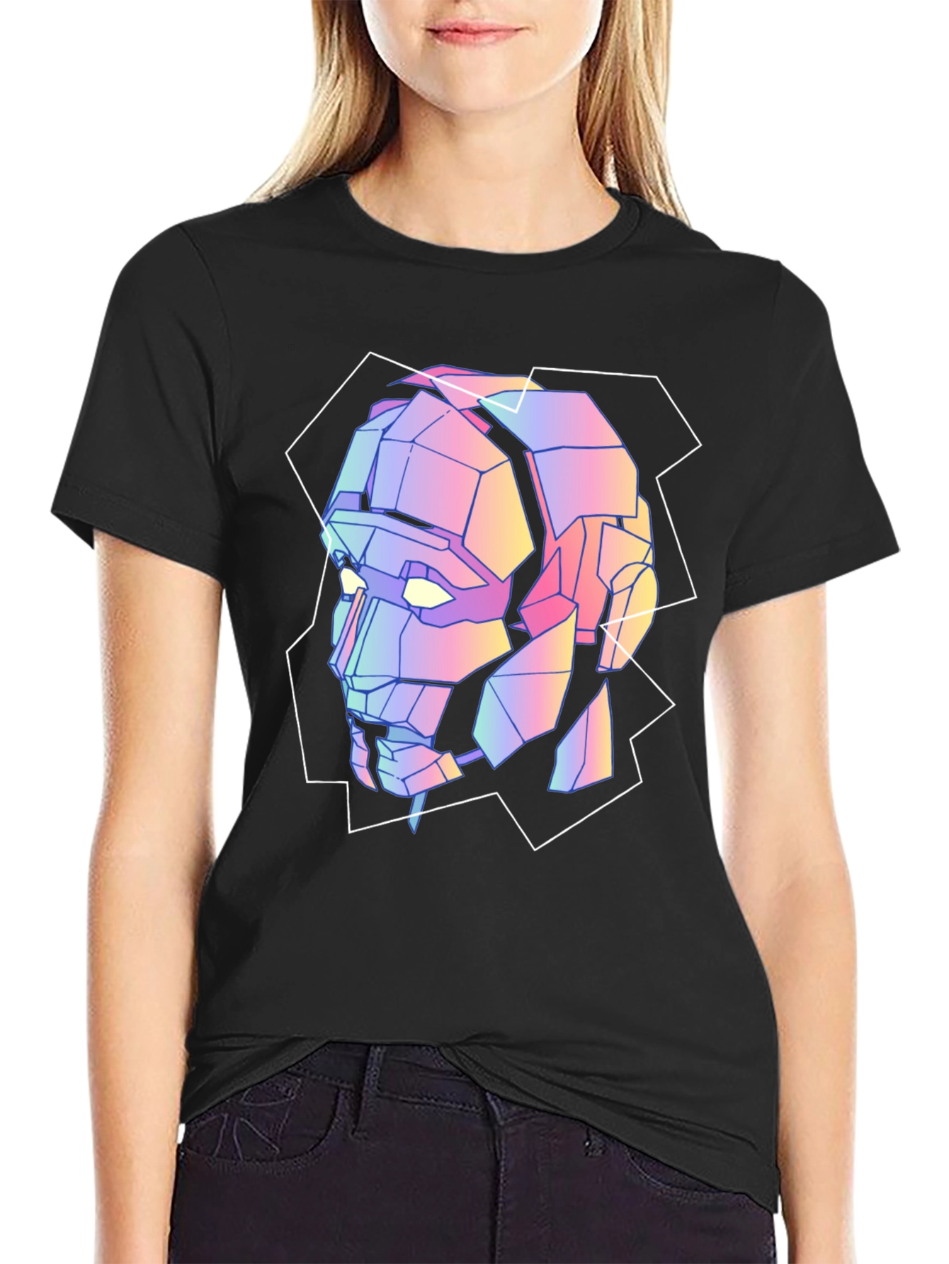Geometric Robot Head Graphic Tee - Black