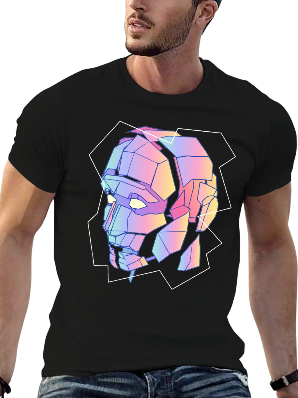 Geometric Robot Head Graphic Tee - Black