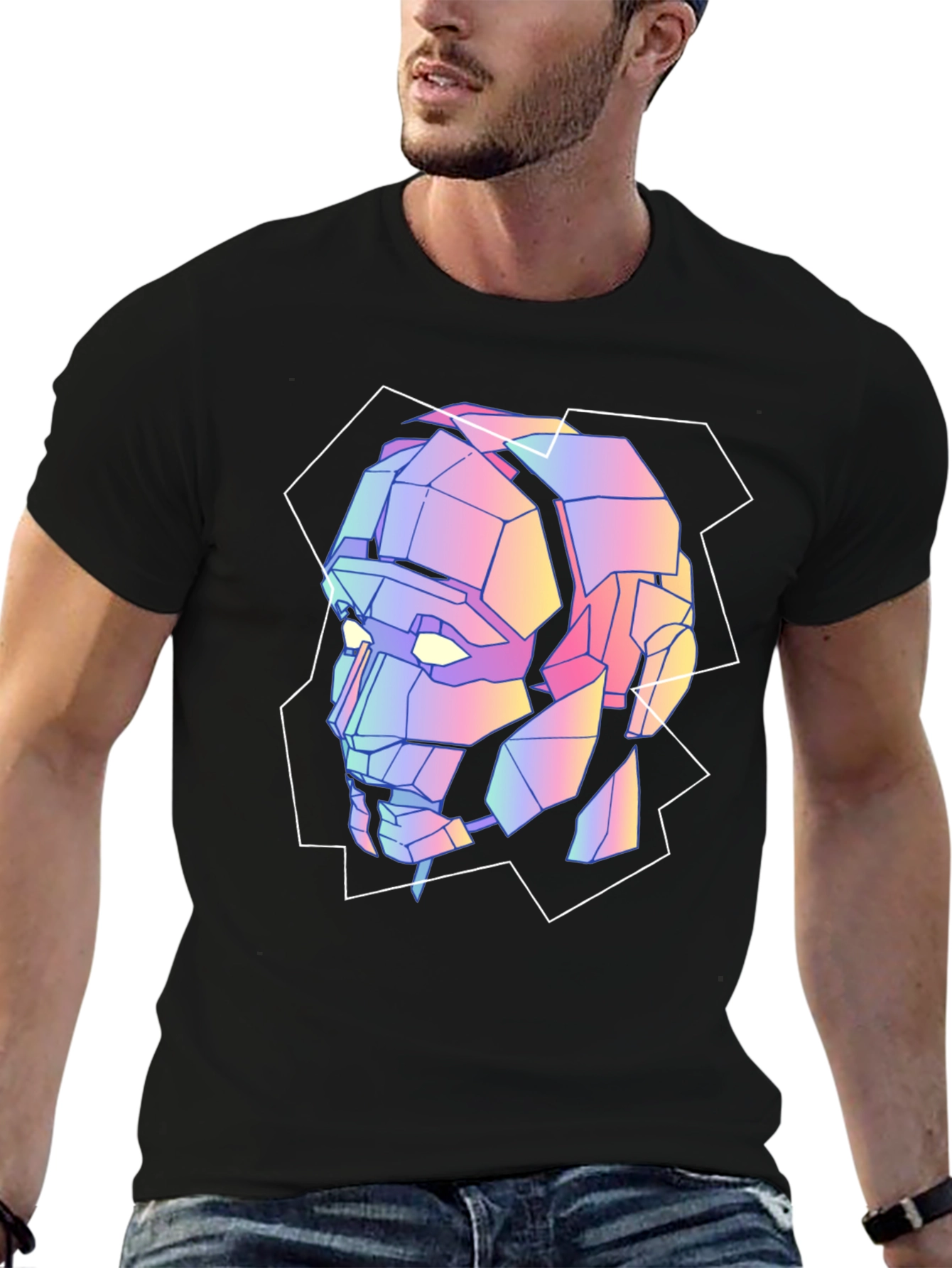 Geometric Robot Head Graphic Tee - Black