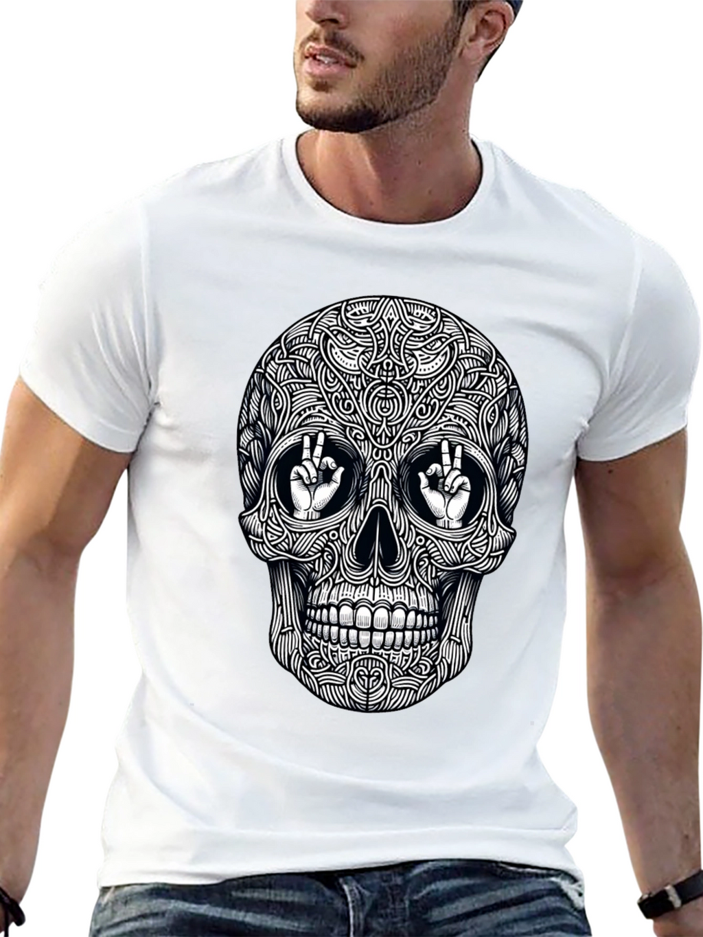Skull Peace Sign Graphic Tee - Mens Black T-Shirt